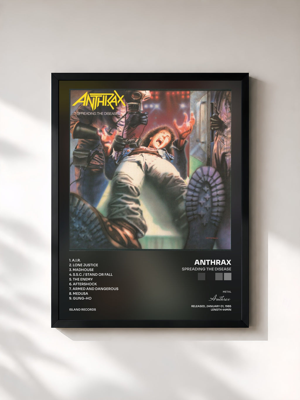 #noir Tableau de l'album Spreading The Disease de Anthrax, cadre noir, imprimé et encadré en France