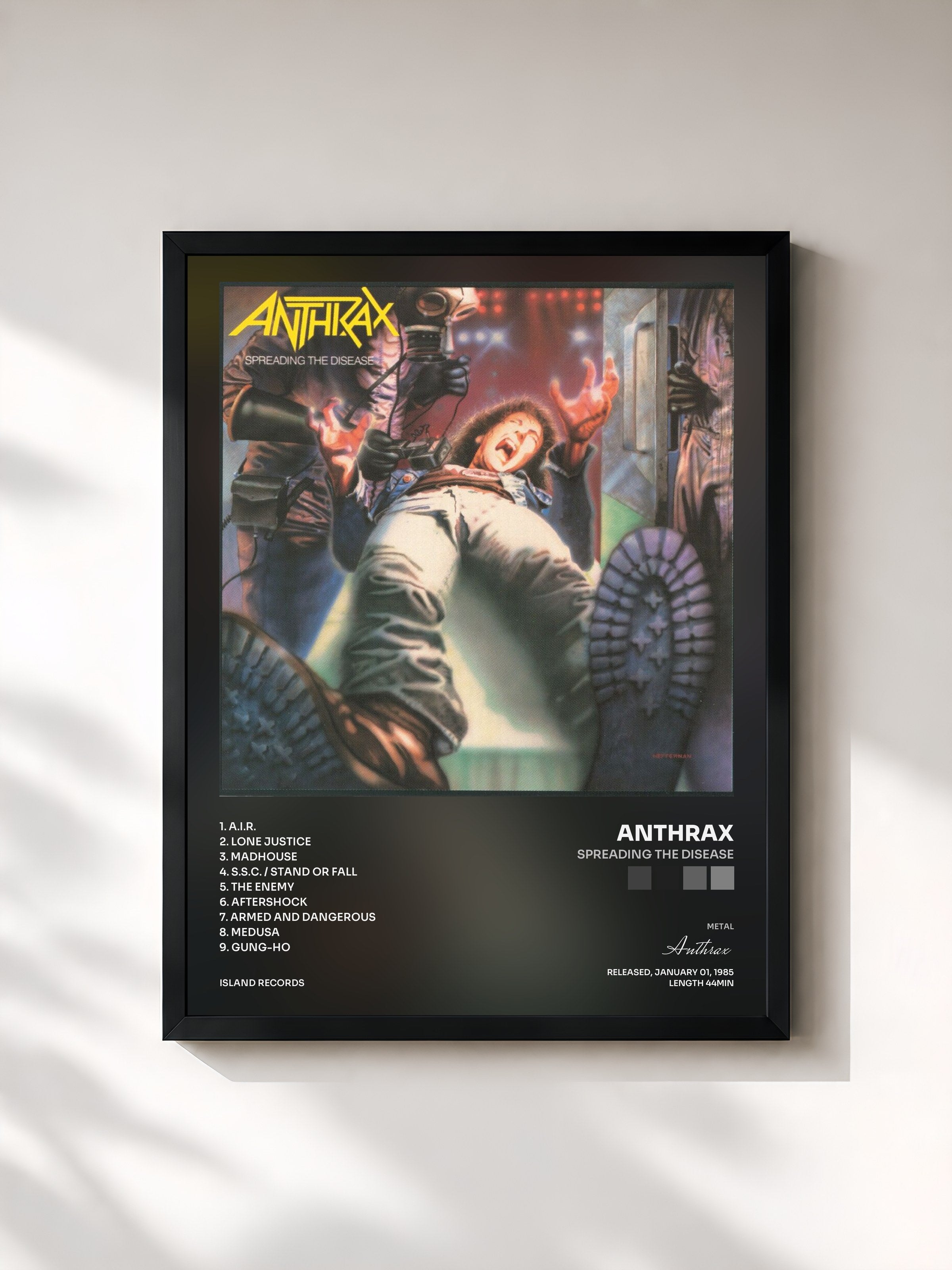 #noir Tableau de l'album Spreading The Disease de Anthrax, cadre noir, imprimé et encadré en France