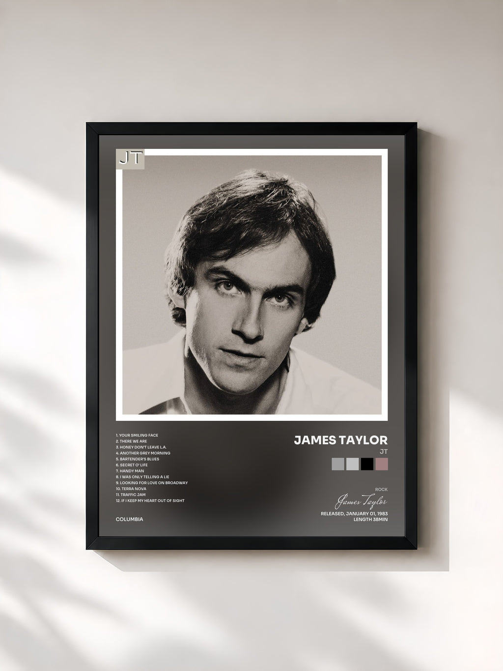 #noir Tableau de l'album JT de James Taylor, cadre noir, imprimé et encadré en France