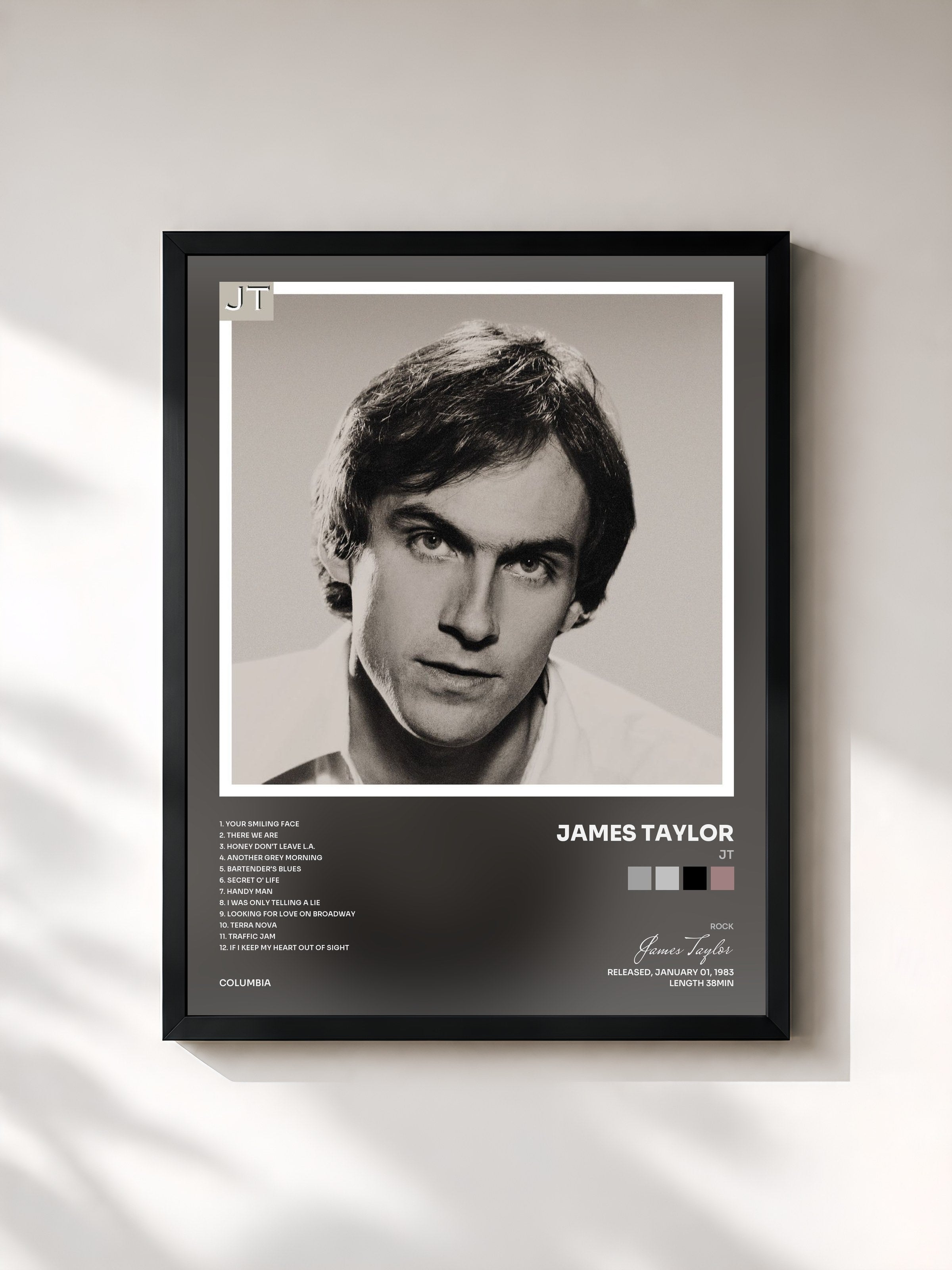 #noir Tableau de l'album JT de James Taylor, cadre noir, imprimé et encadré en France