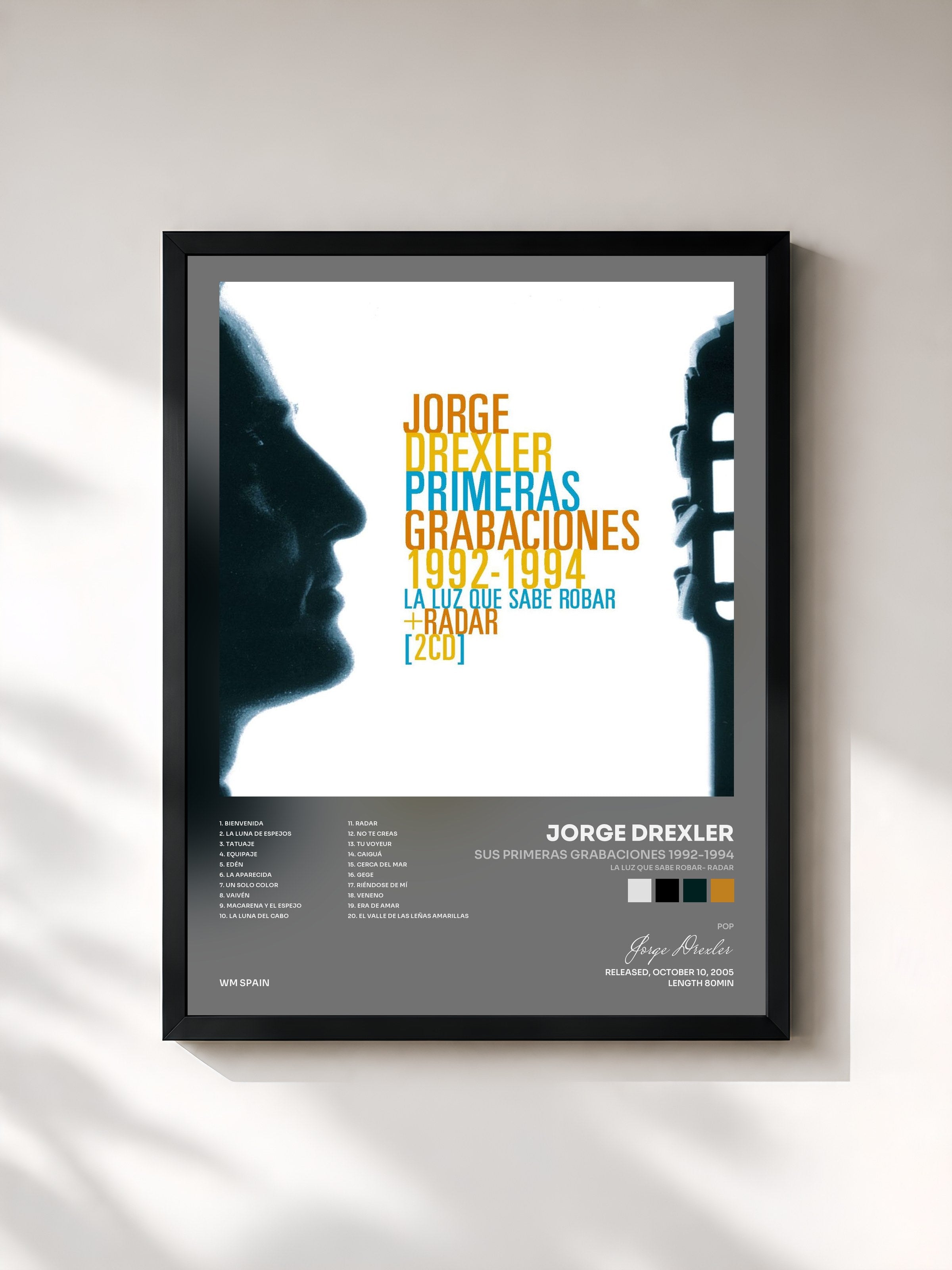 #noir Tableau de l'album Sus primeras grabaciones 1992-1994 (La luz que sabe robar- Radar) de Jorge Drexler, cadre noir, imprimé et encadré en France