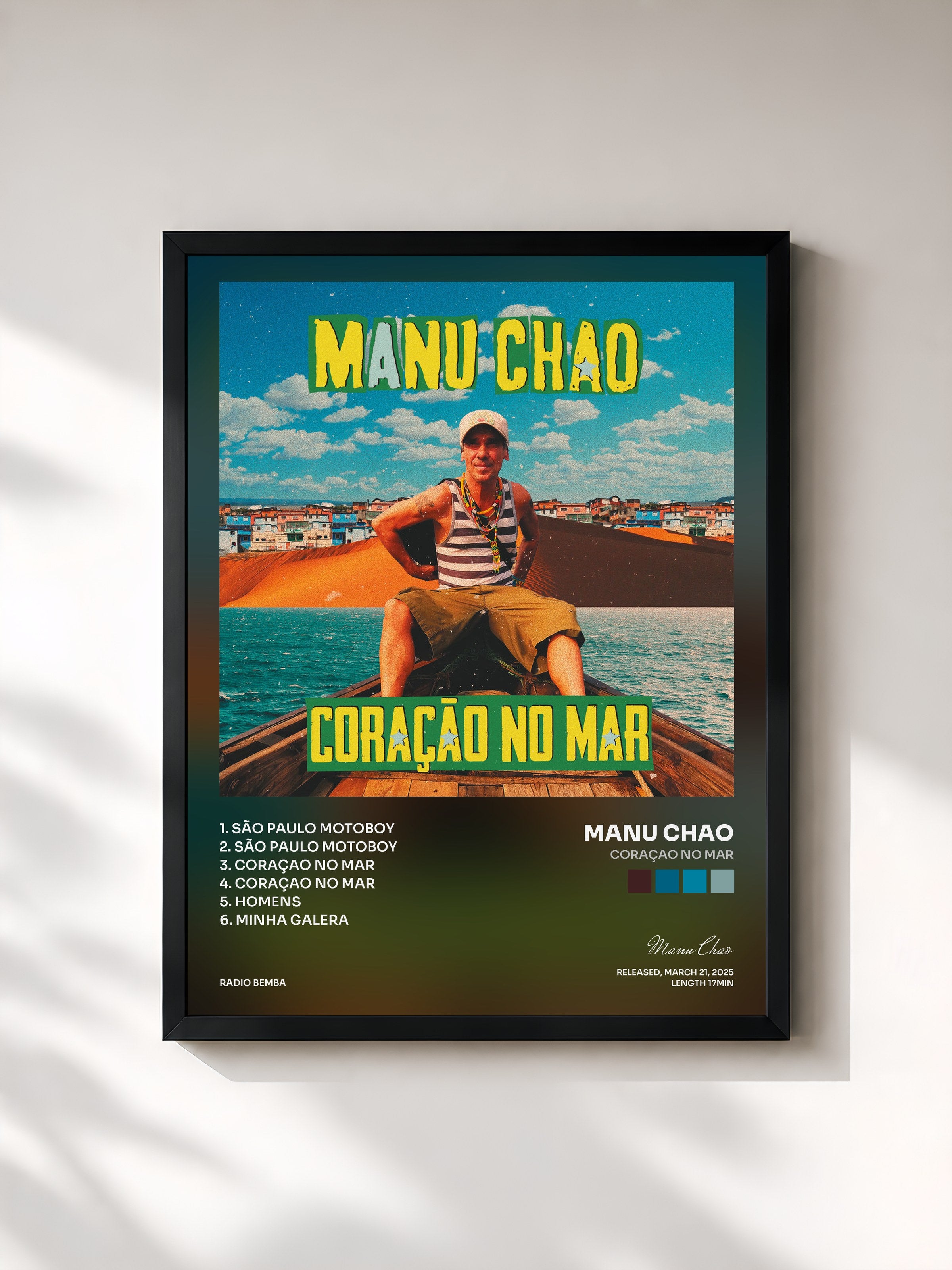 #noir Tableau de l'album Coraçao No Mar de Manu Chao, cadre noir, imprimé et encadré en France