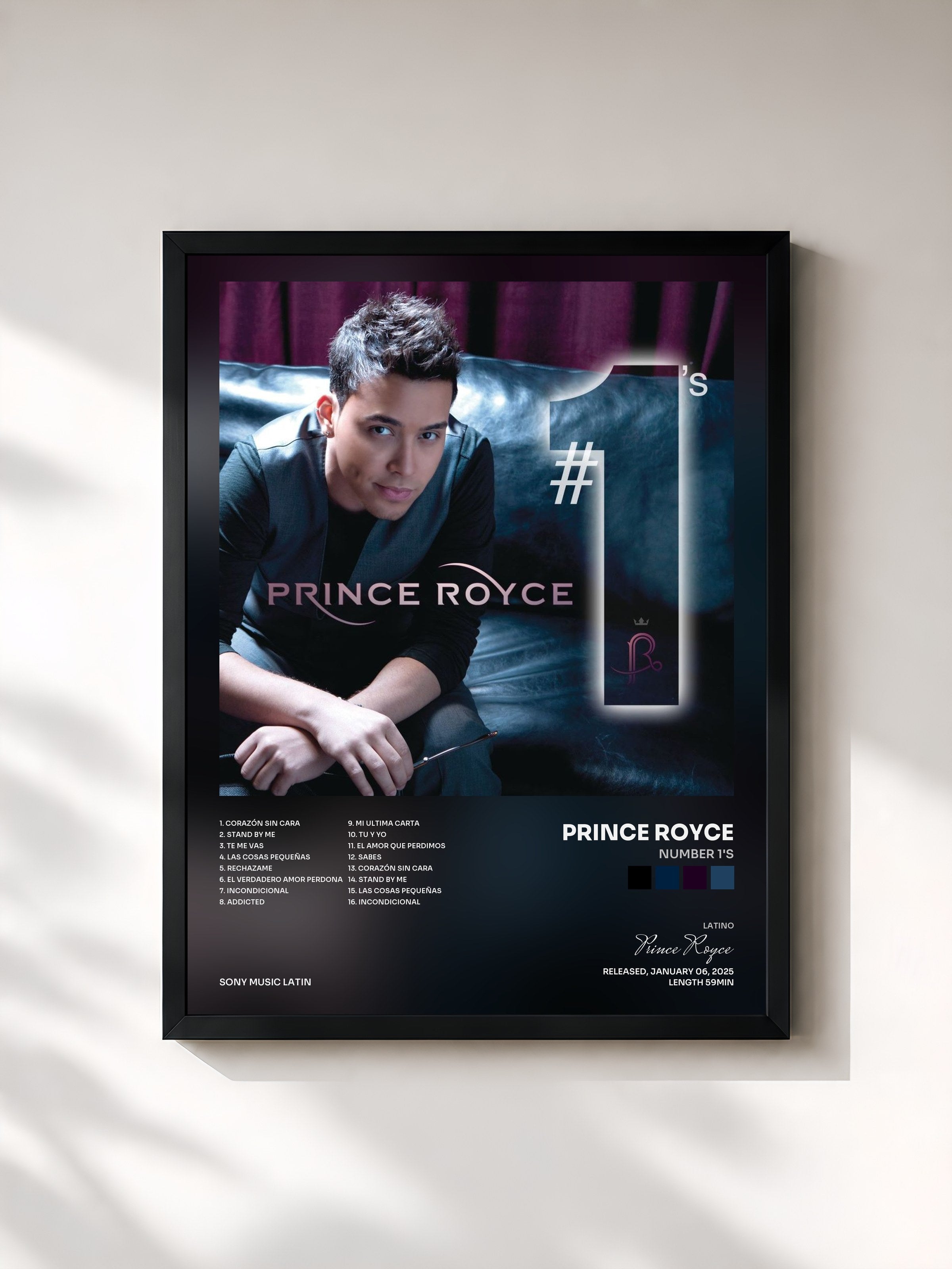 #noir Tableau de l'album Number 1's de Prince Royce, cadre noir, imprimé et encadré en France