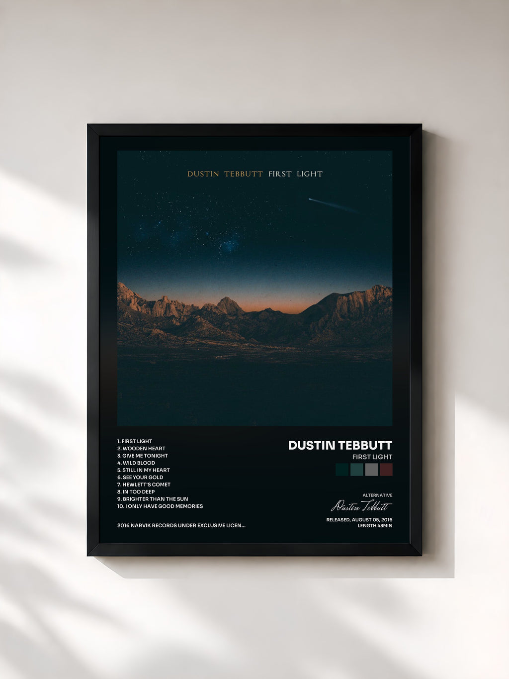 #noir Tableau de l'album First Light de Dustin Tebbutt, cadre noir, imprimé et encadré en France