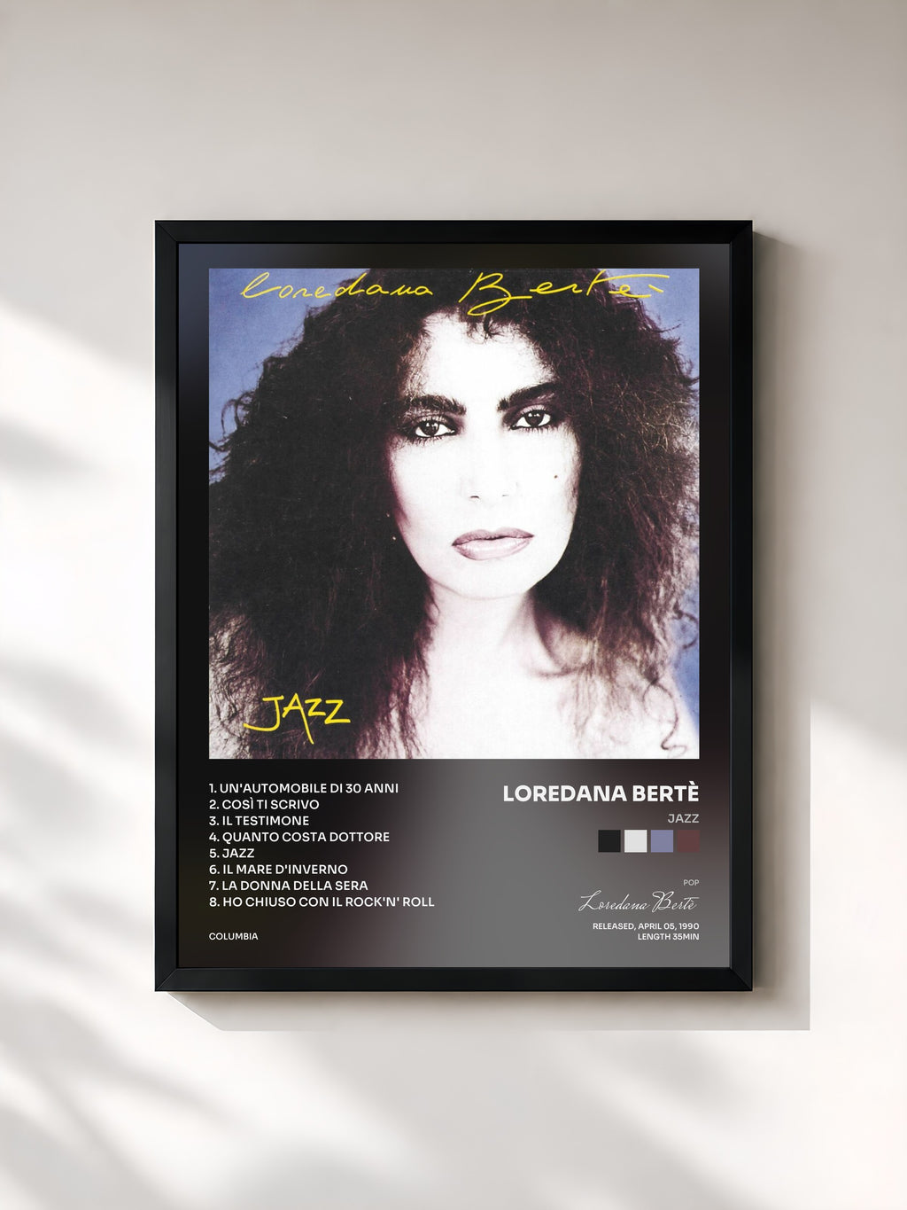 #noir Tableau de l'album Jazz de Loredana Bertè, cadre noir, imprimé et encadré en France