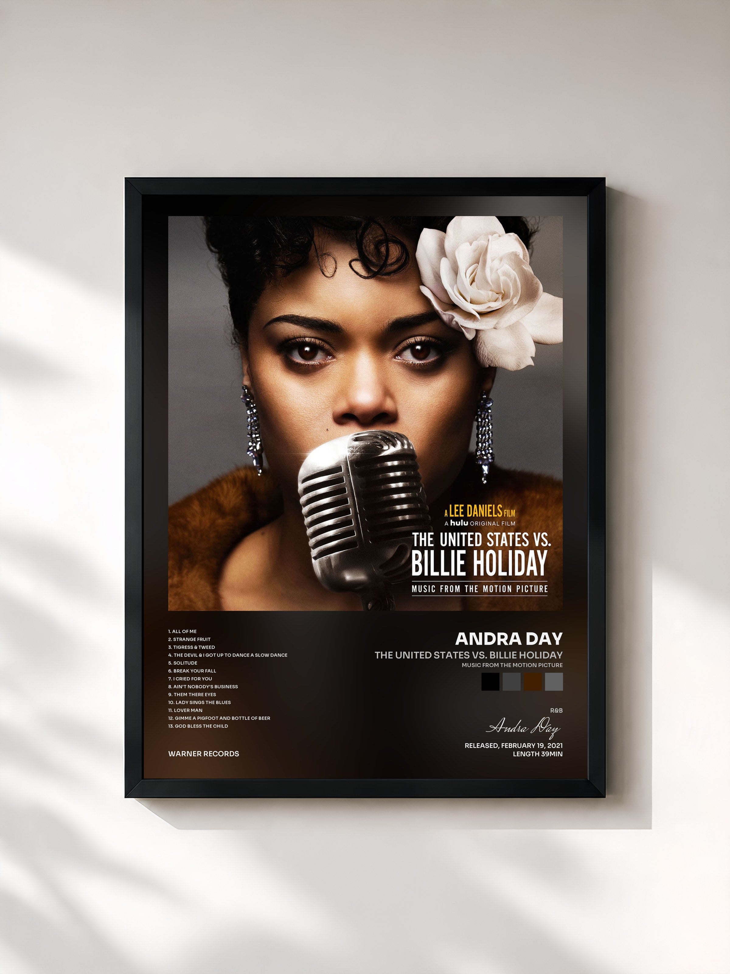 #noir Tableau de l'album The United States vs. Billie Holiday (Music from the Motion Picture) de Andra Day, cadre noir, imprimé et encadré en France