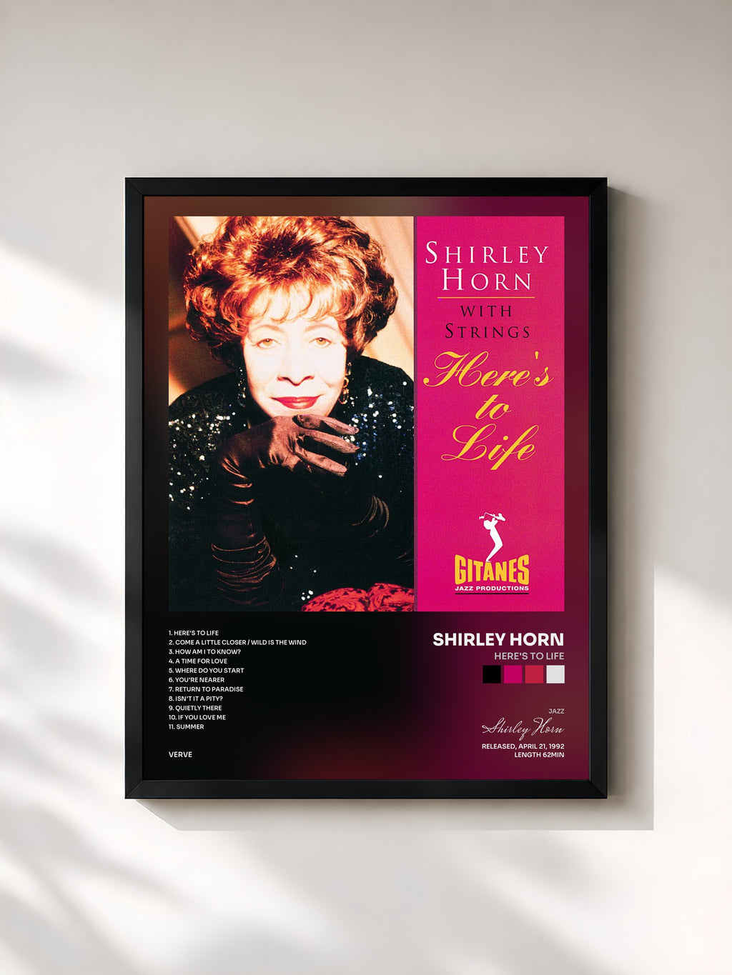 #noir Tableau de l'album Here's To Life de Shirley Horn, cadre noir, imprimé et encadré en France