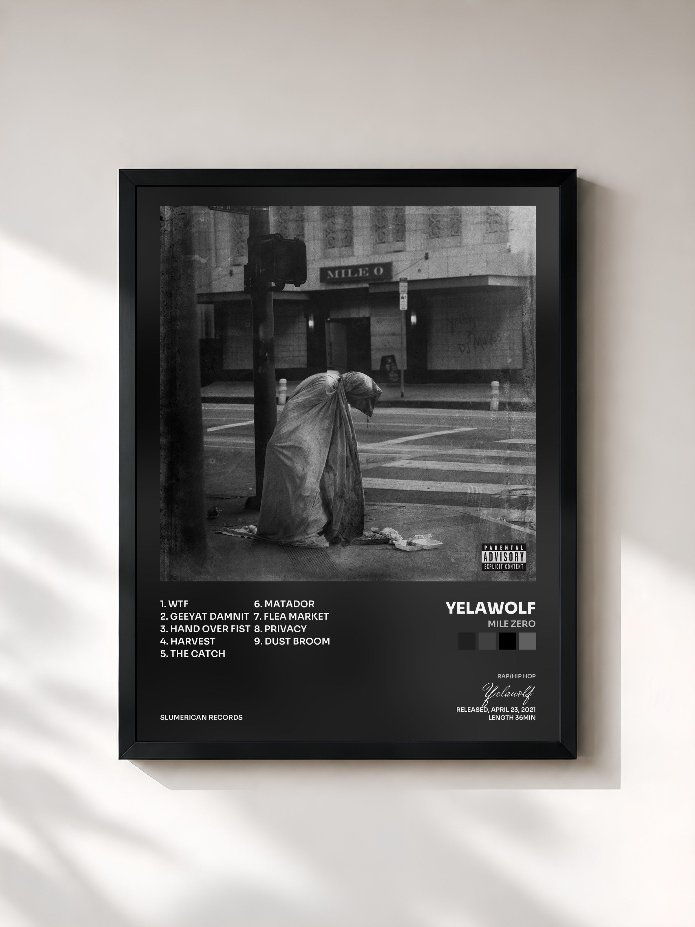 #noir Tableau de l'album Mile Zero de Yelawolf, cadre noir, imprimé et encadré en France