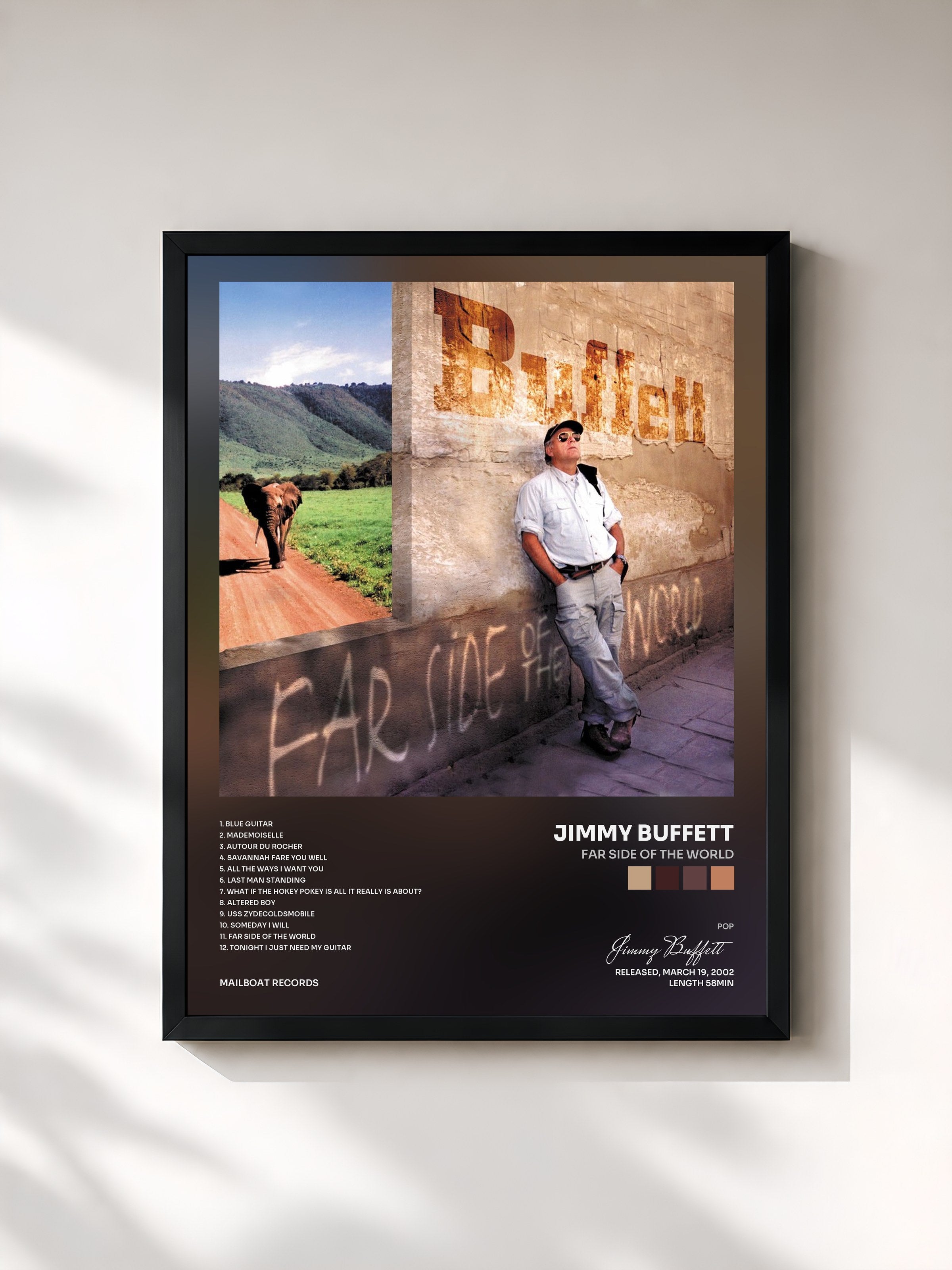 #noir Tableau de l'album Far Side of the World de Jimmy Buffett, cadre noir, imprimé et encadré en France