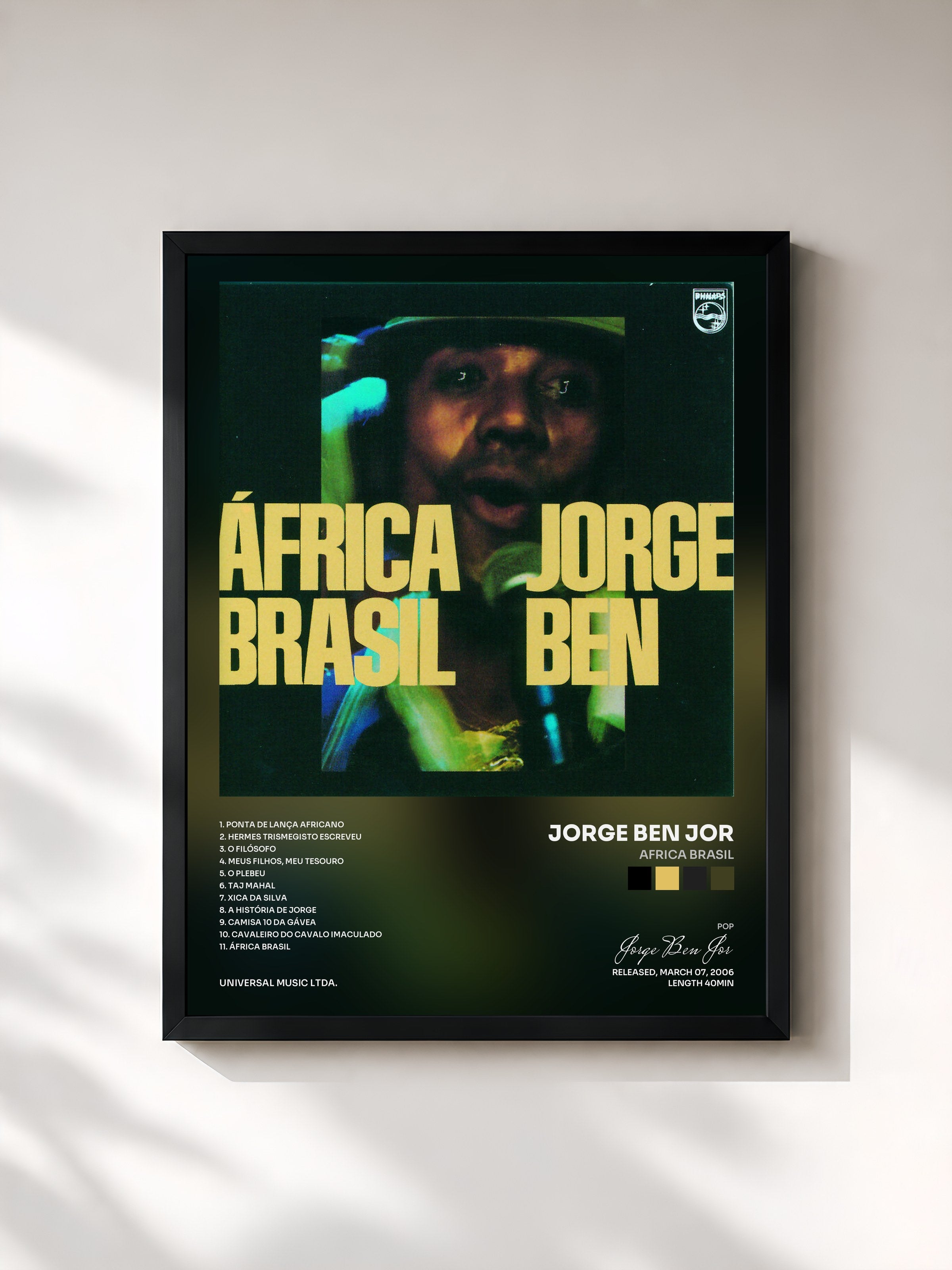 #noir Tableau de l'album Africa Brasil de Jorge Ben Jor, cadre noir, imprimé et encadré en France