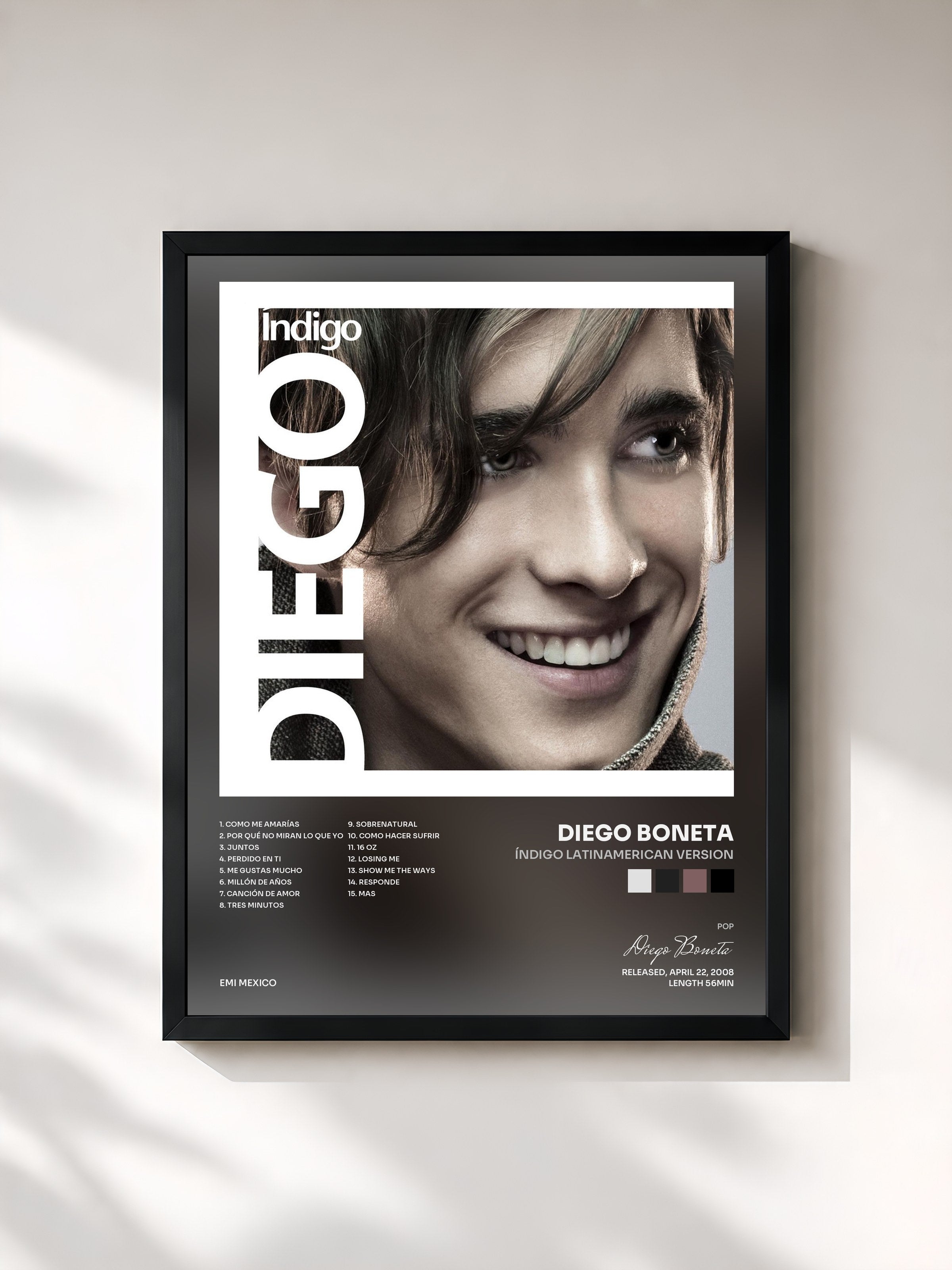 #noir Tableau de l'album Índigo Latinamerican Version de Diego Boneta, cadre noir, imprimé et encadré en France