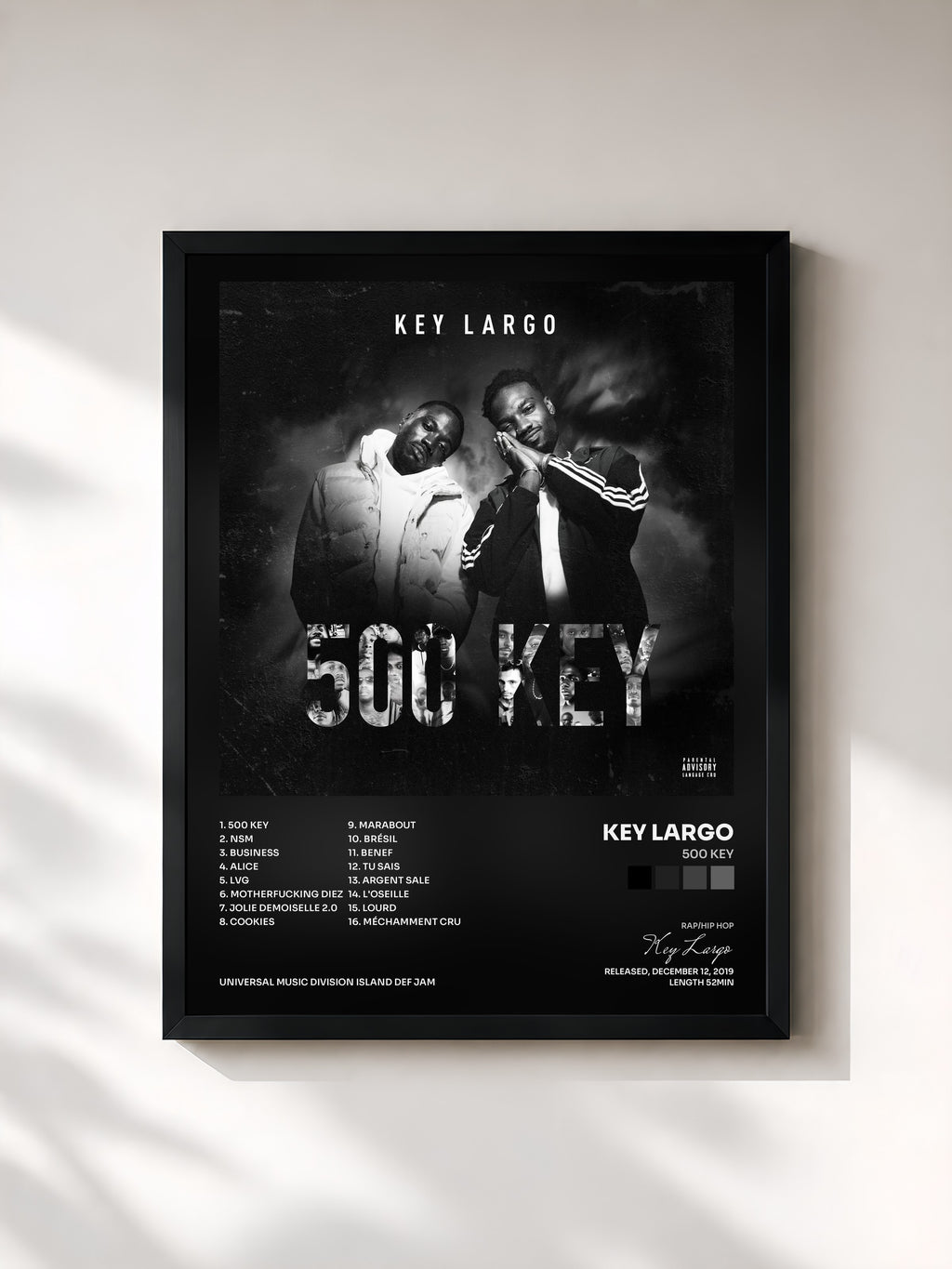 #noir Tableau de l'album 500 Key de Key Largo, cadre noir, imprimé et encadré en France