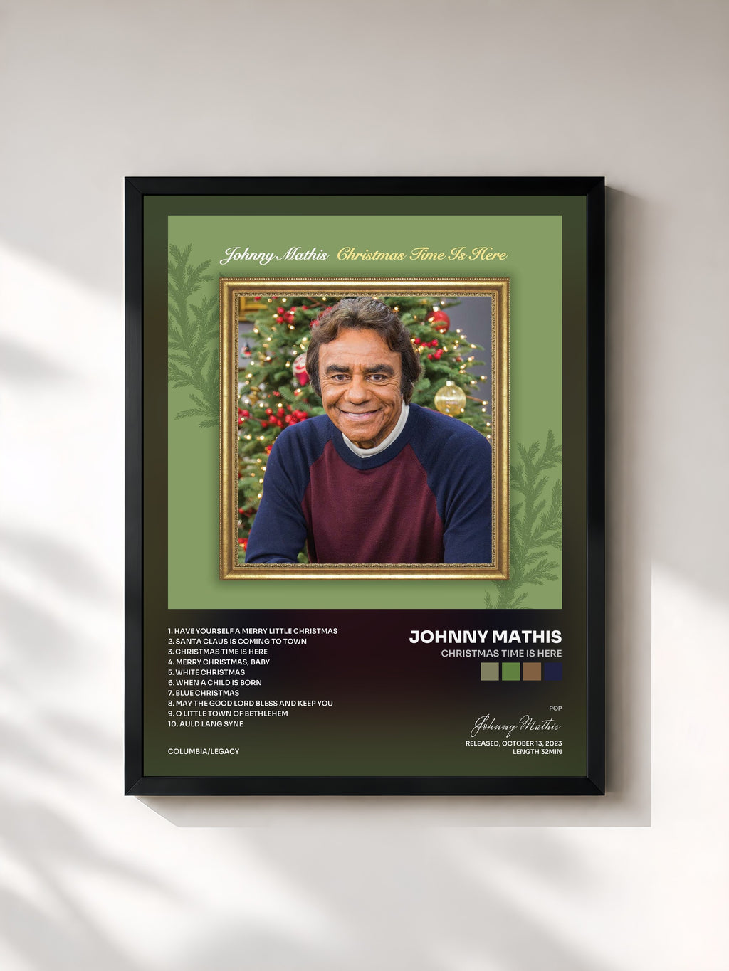 #noir Tableau de l'album Christmas Time Is Here de Johnny Mathis, cadre noir, imprimé et encadré en France