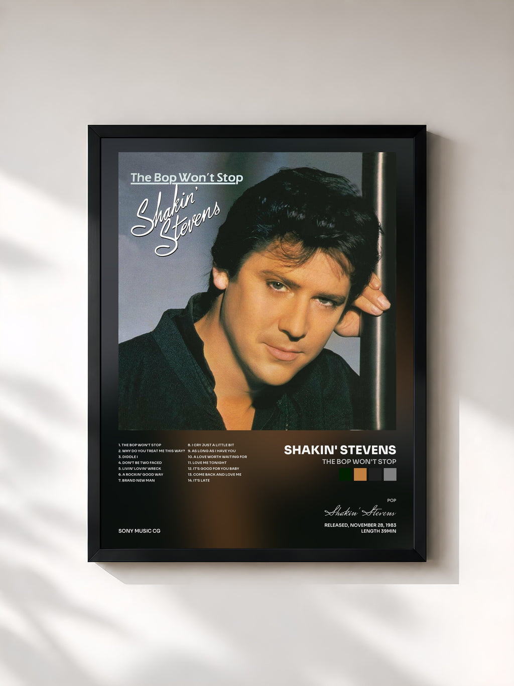 #noir Tableau de l'album The Bop Won't Stop de Shakin' Stevens, cadre noir, imprimé et encadré en France