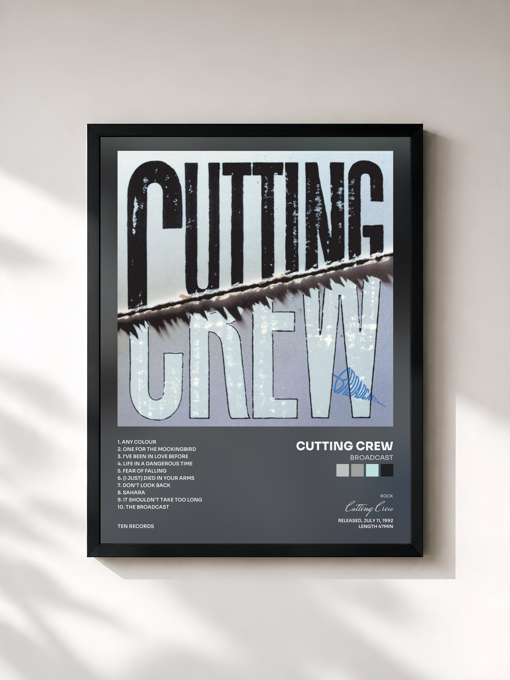 #noir Tableau de l'album Broadcast de Cutting Crew, cadre noir, imprimé et encadré en France