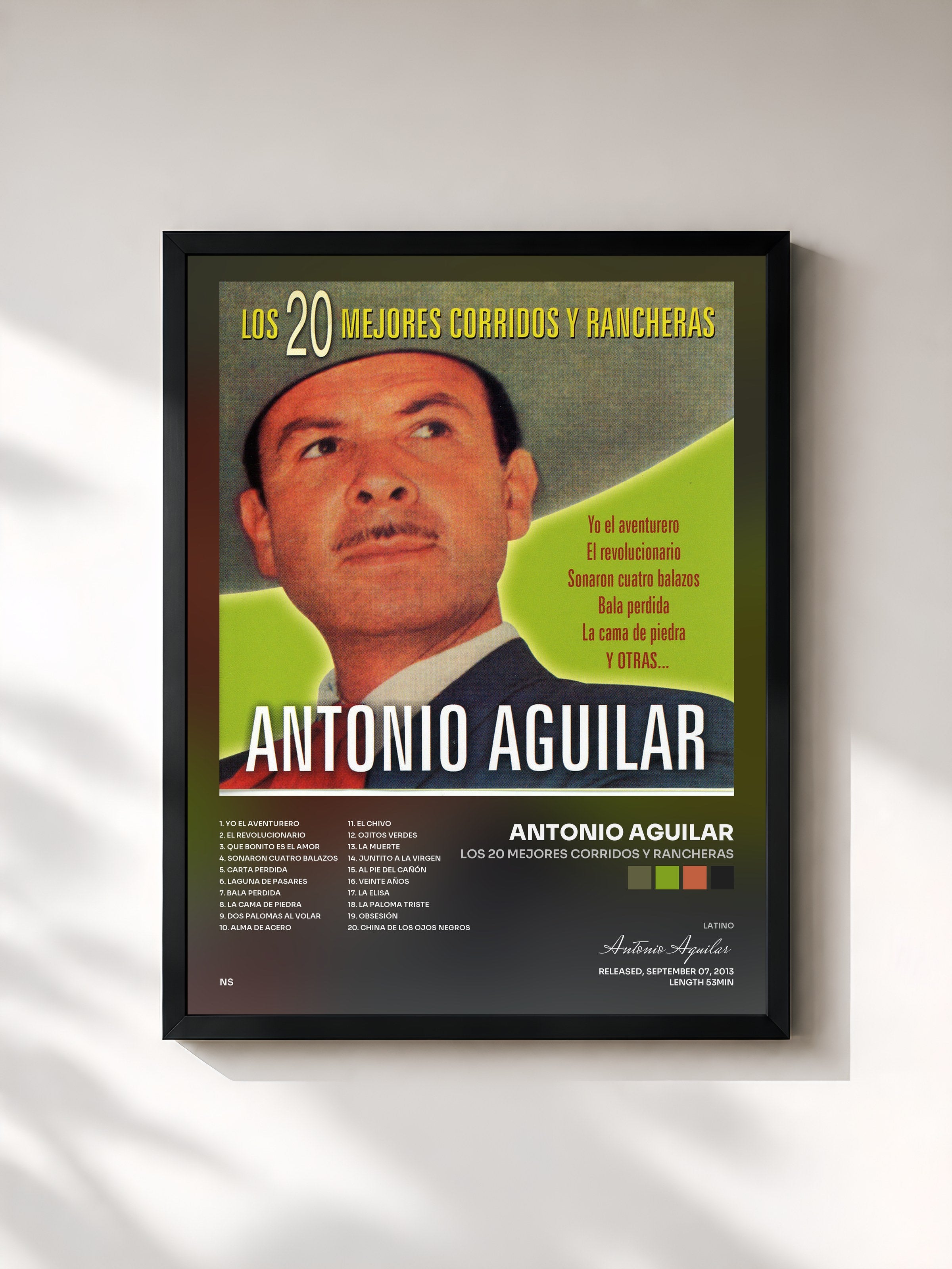 #noir Tableau de l'album Los 20 Mejores Corridos y Rancheras de Antonio Aguilar, cadre noir, imprimé et encadré en France