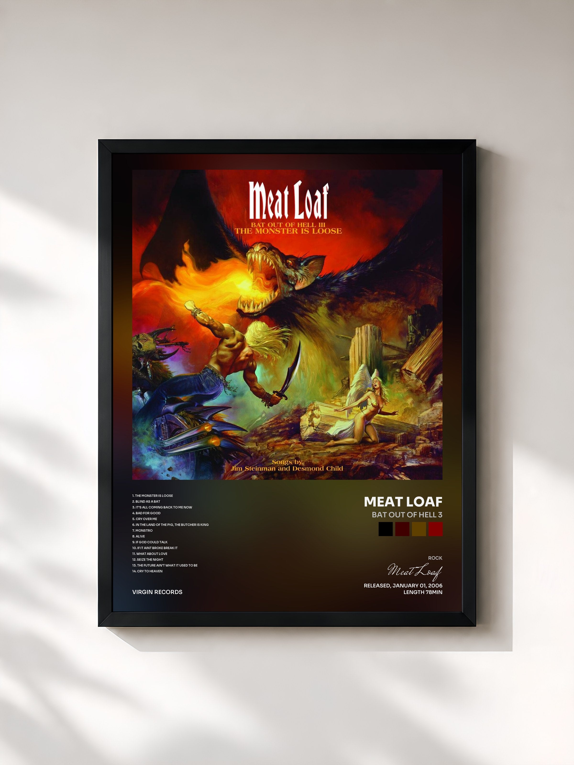 #noir Tableau de l'album Bat Out Of Hell 3 de Meat Loaf, cadre noir, imprimé et encadré en France