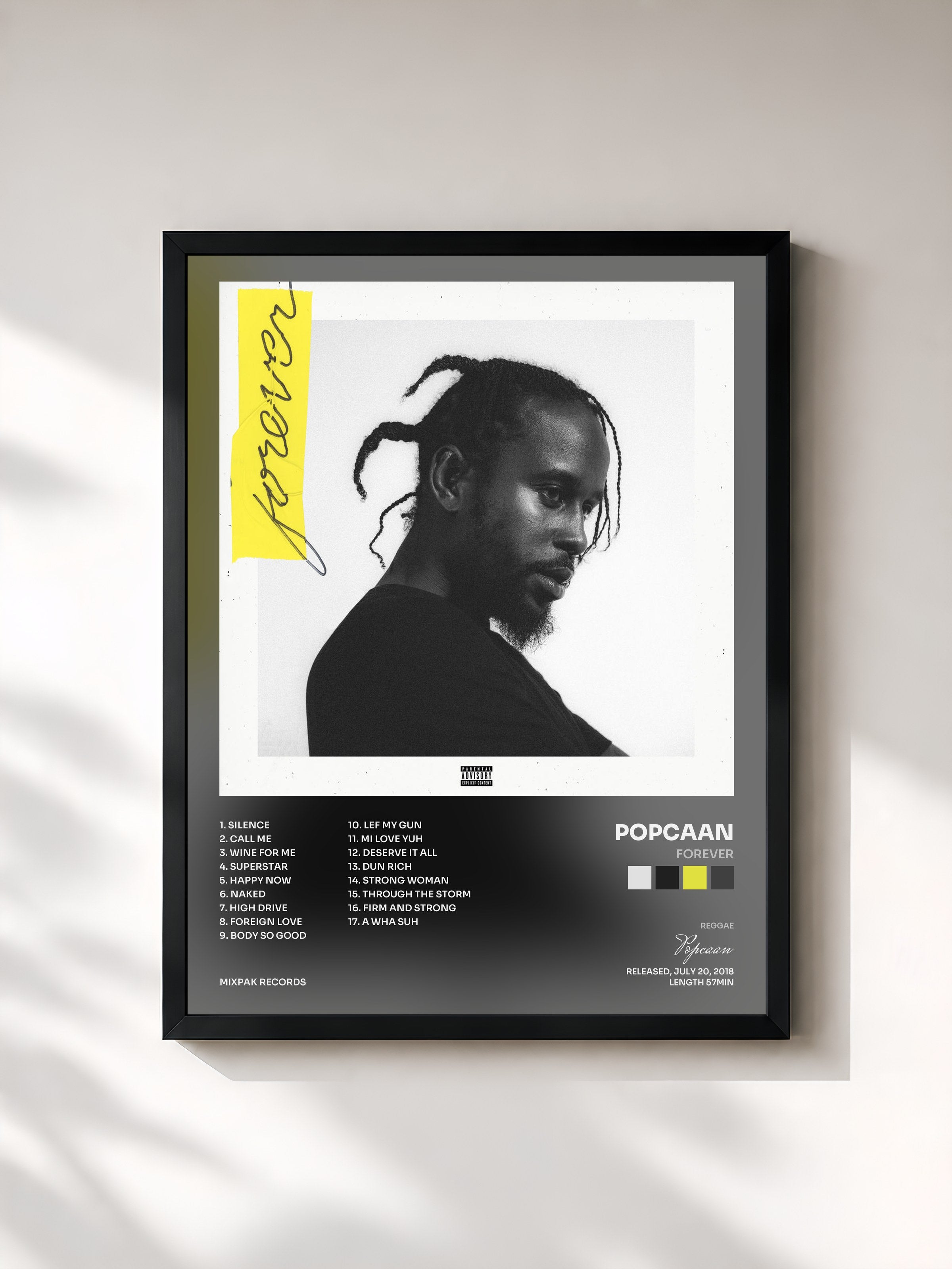 #noir Tableau de l'album Forever de Popcaan, cadre noir, imprimé et encadré en France