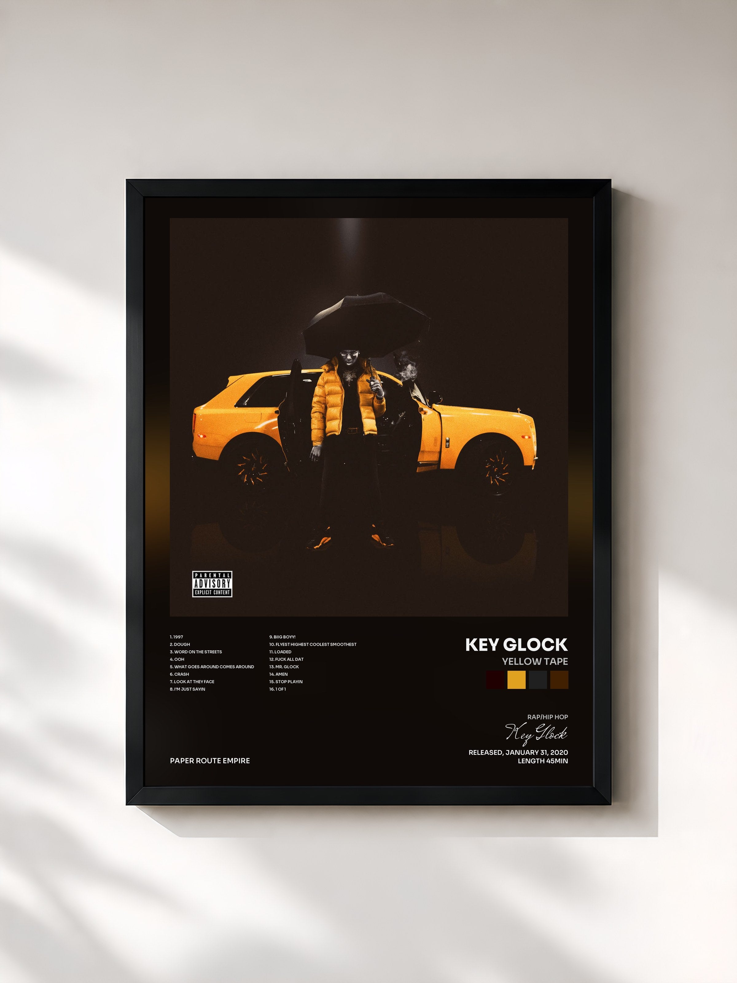 #noir Tableau de l'album Yellow Tape de Key Glock, cadre noir, imprimé et encadré en France