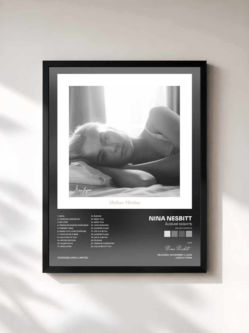 #noir Tableau de l'album Älskar Nights (Deluxe Version) de Nina Nesbitt, cadre noir, imprimé et encadré en France