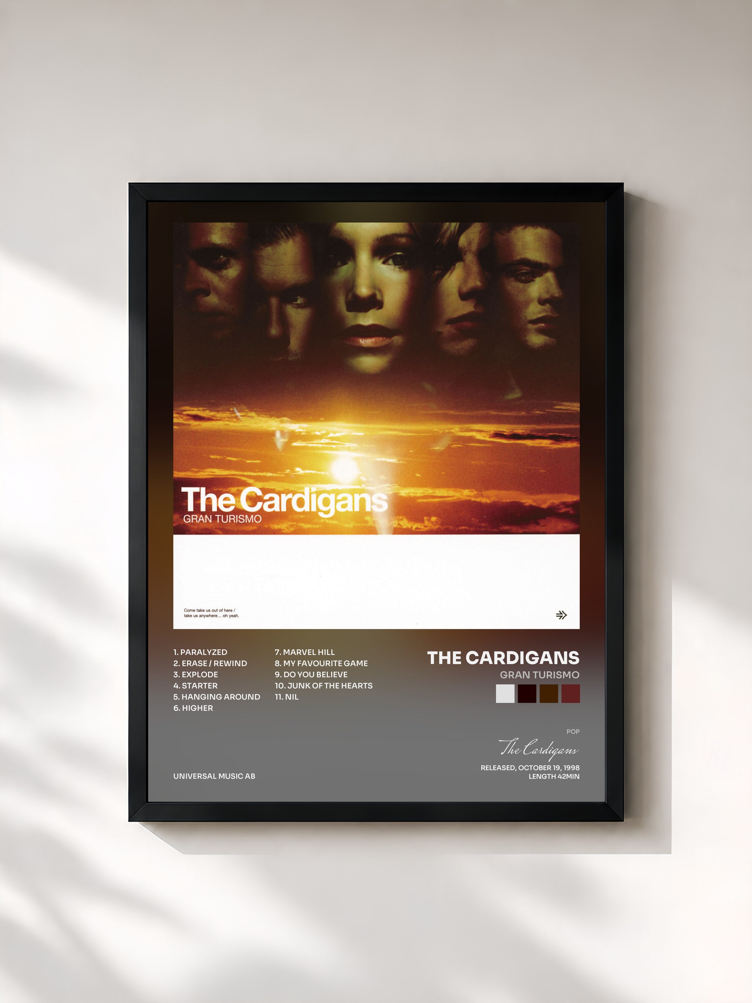 #noir Tableau de l'album Gran Turismo de The Cardigans, cadre noir, imprimé et encadré en France