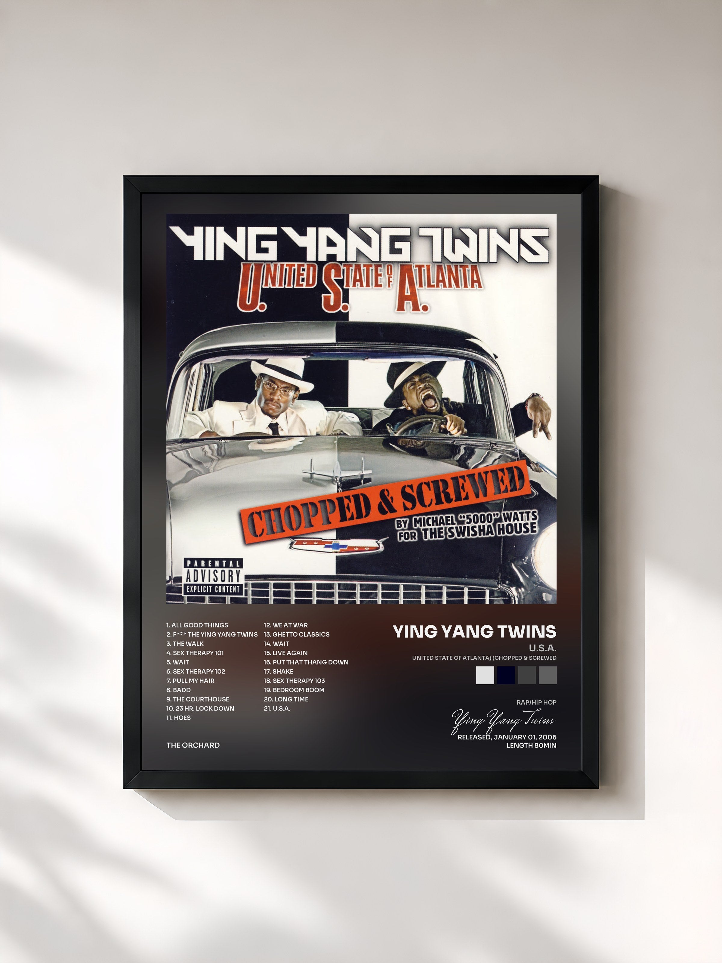 #noir Tableau de l'album U.S.A. (United State Of Atlanta) (Chopped & Screwed) de Ying Yang Twins, cadre noir, imprimé et encadré en France