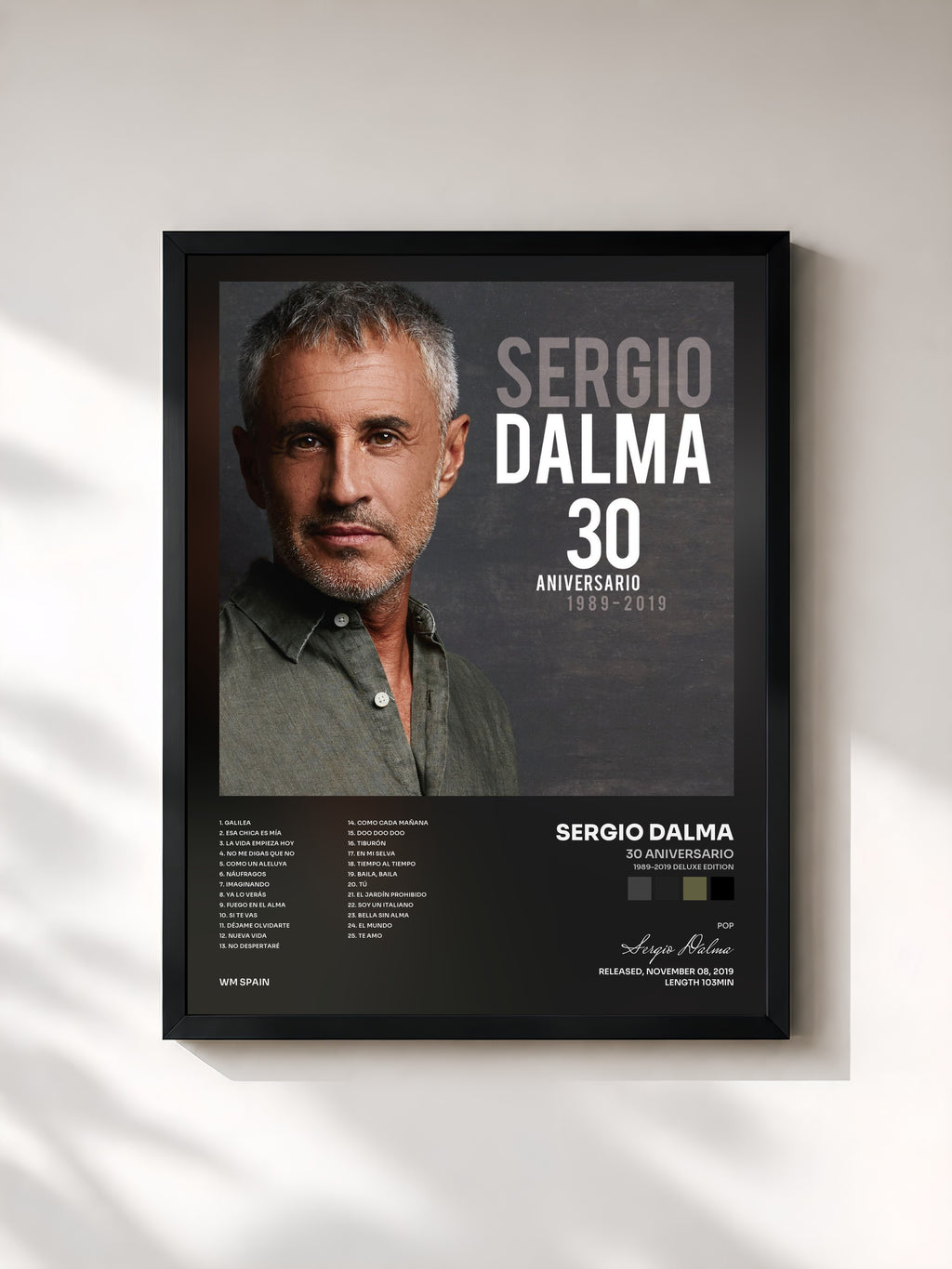 #noir Tableau de l'album 30 Aniversario (1989-2019 Deluxe Edition) de Sergio Dalma, cadre noir, imprimé et encadré en France