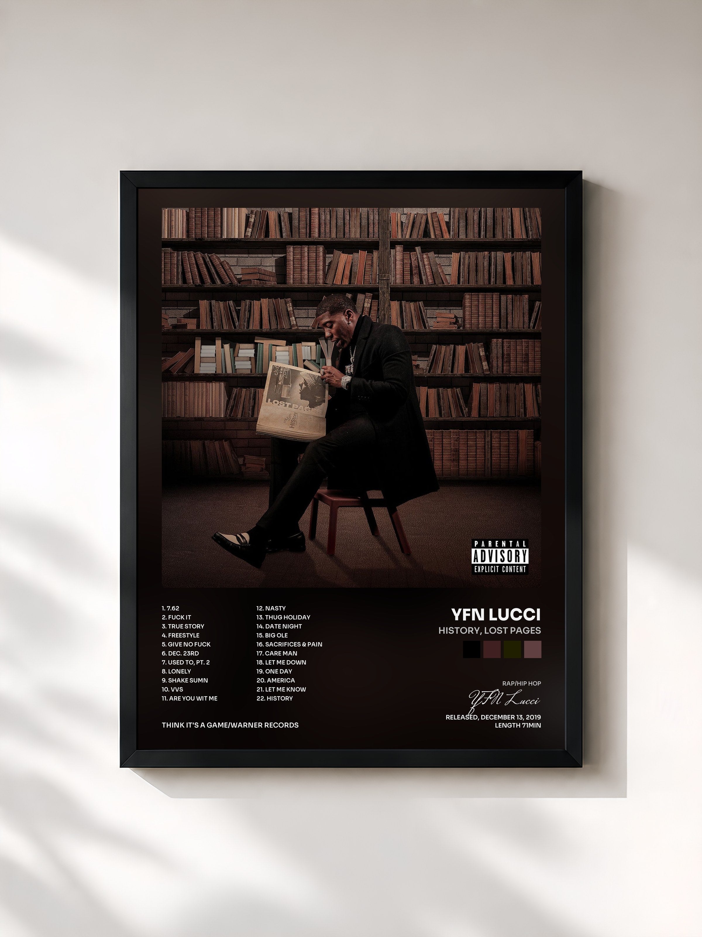 #noir Tableau de l'album HIStory, Lost Pages de YFN Lucci, cadre noir, imprimé et encadré en France