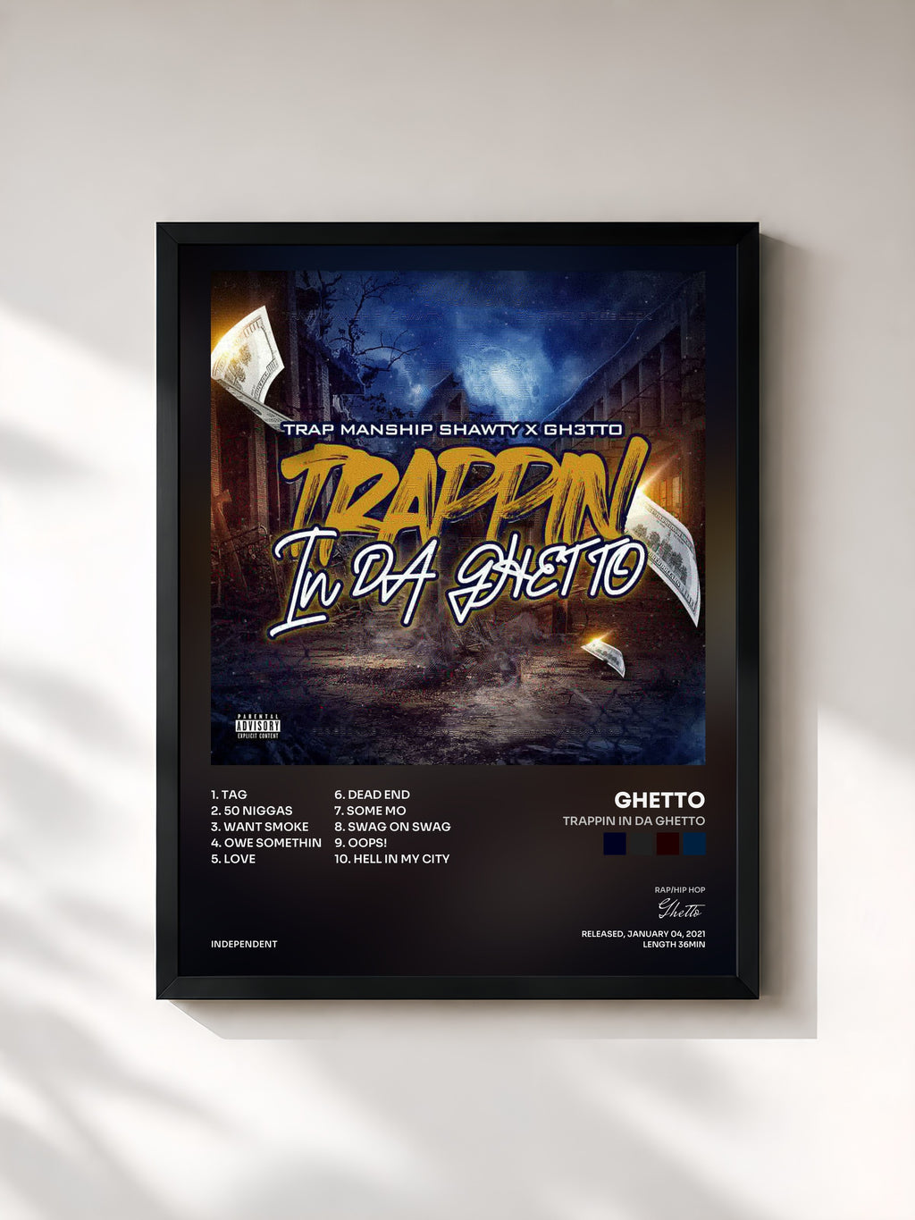 #noir Tableau de l'album Trappin In Da Ghetto de Ghetto, cadre noir, imprimé et encadré en France