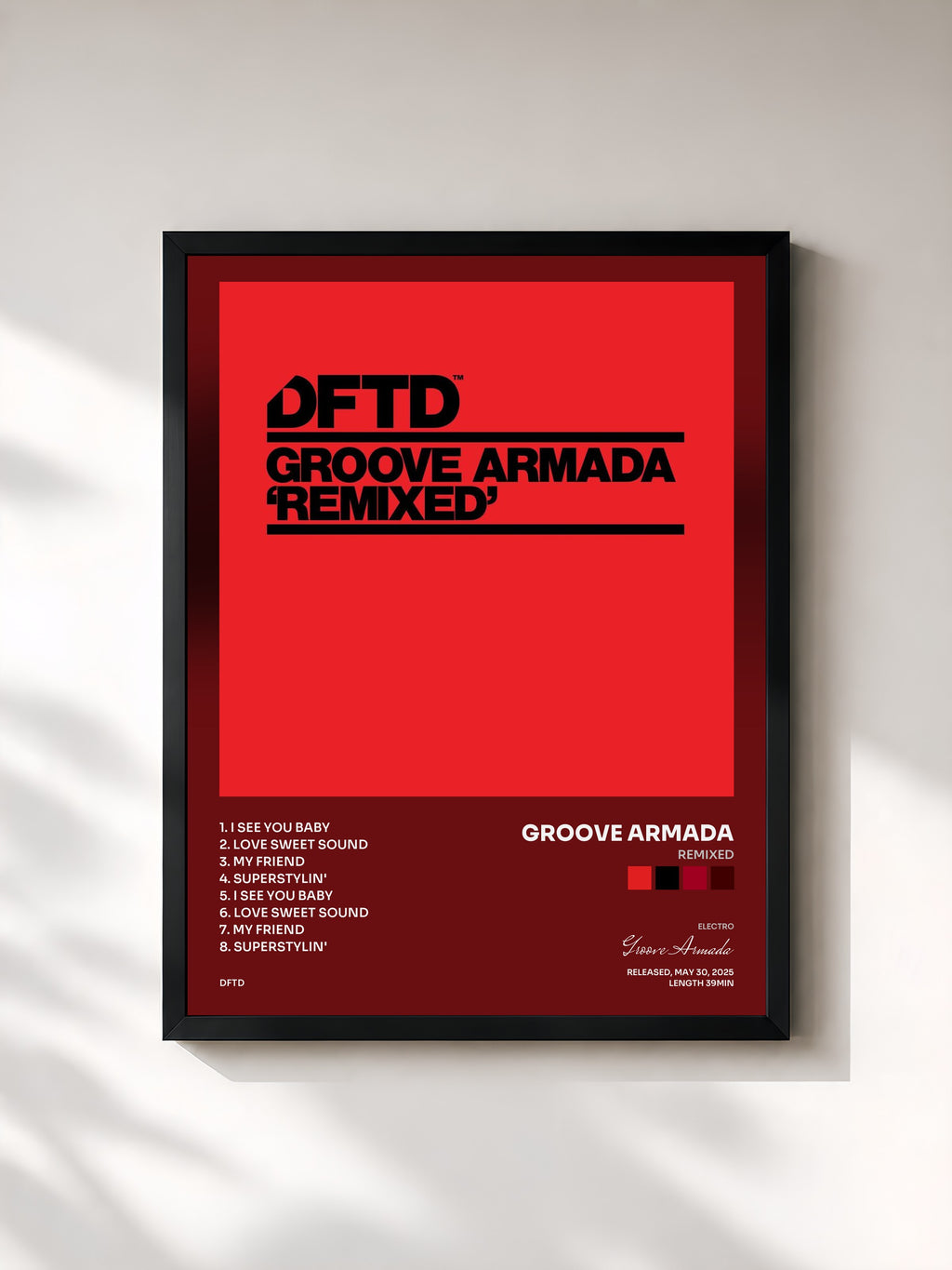 #noir Tableau de l'album Remixed de Groove Armada, cadre noir, imprimé et encadré en France