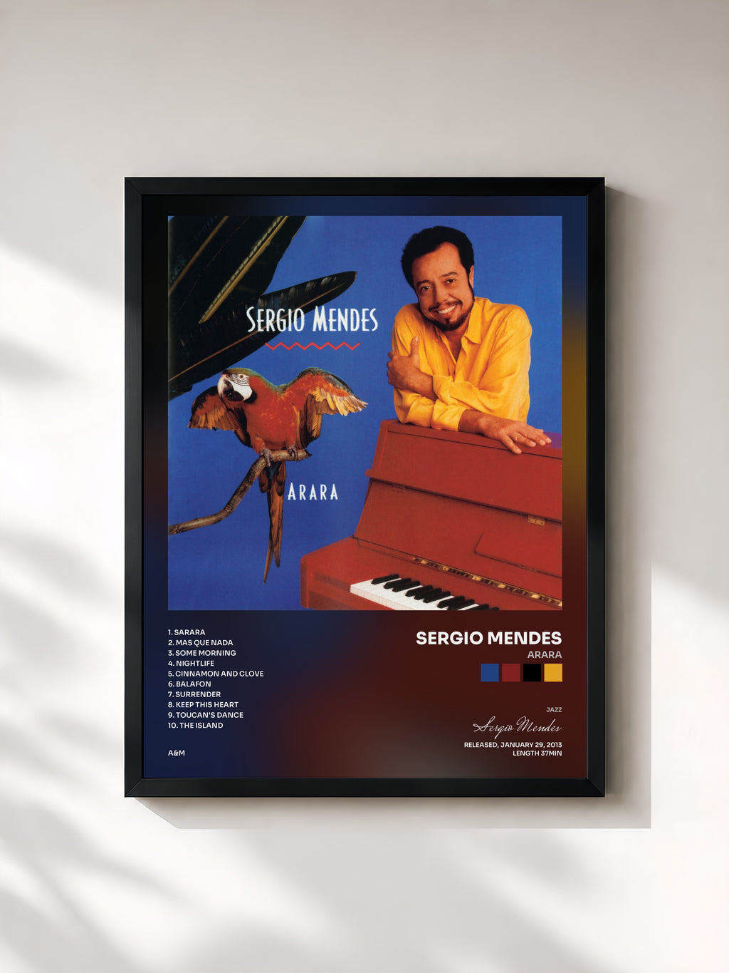 #noir Tableau de l'album Arara de Sergio Mendes, cadre noir, imprimé et encadré en France
