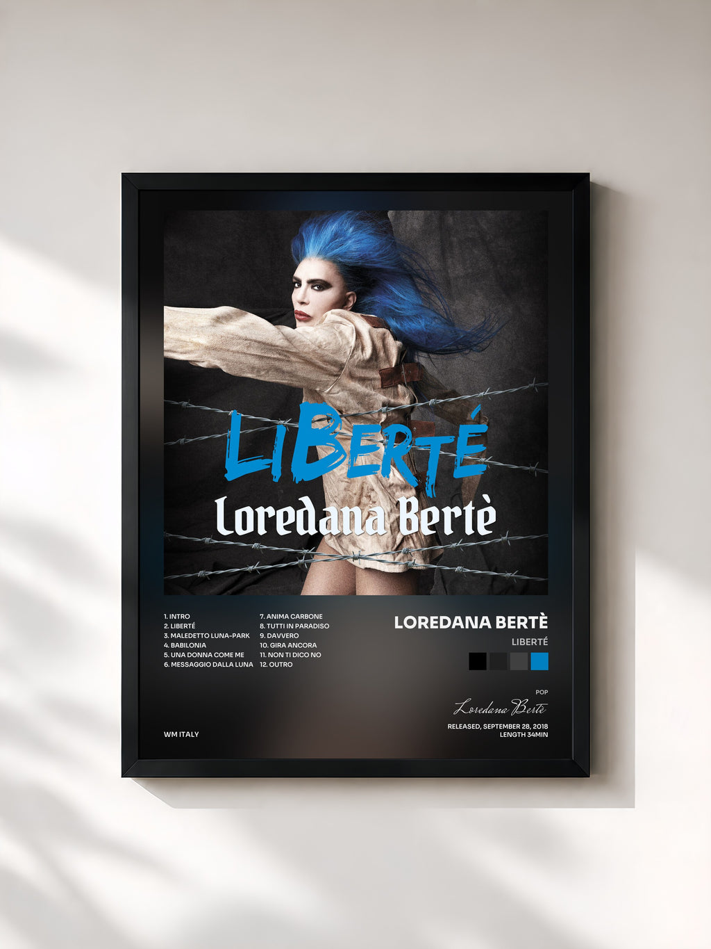 #noir Tableau de l'album LiBerté de Loredana Bertè, cadre noir, imprimé et encadré en France