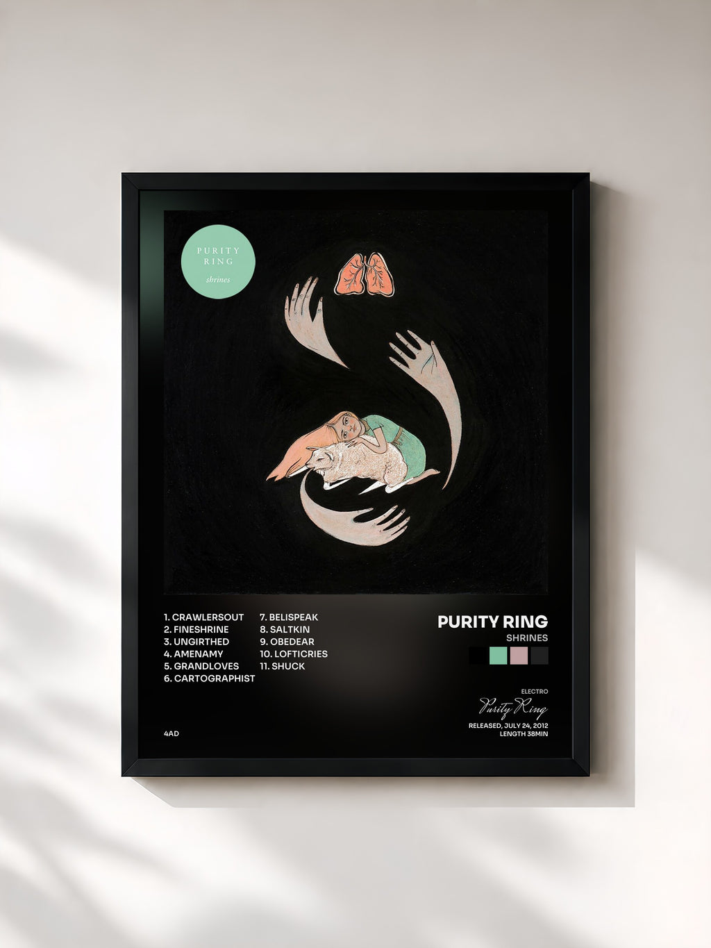 #noir Tableau de l'album shrines de Purity Ring, cadre noir, imprimé et encadré en France
