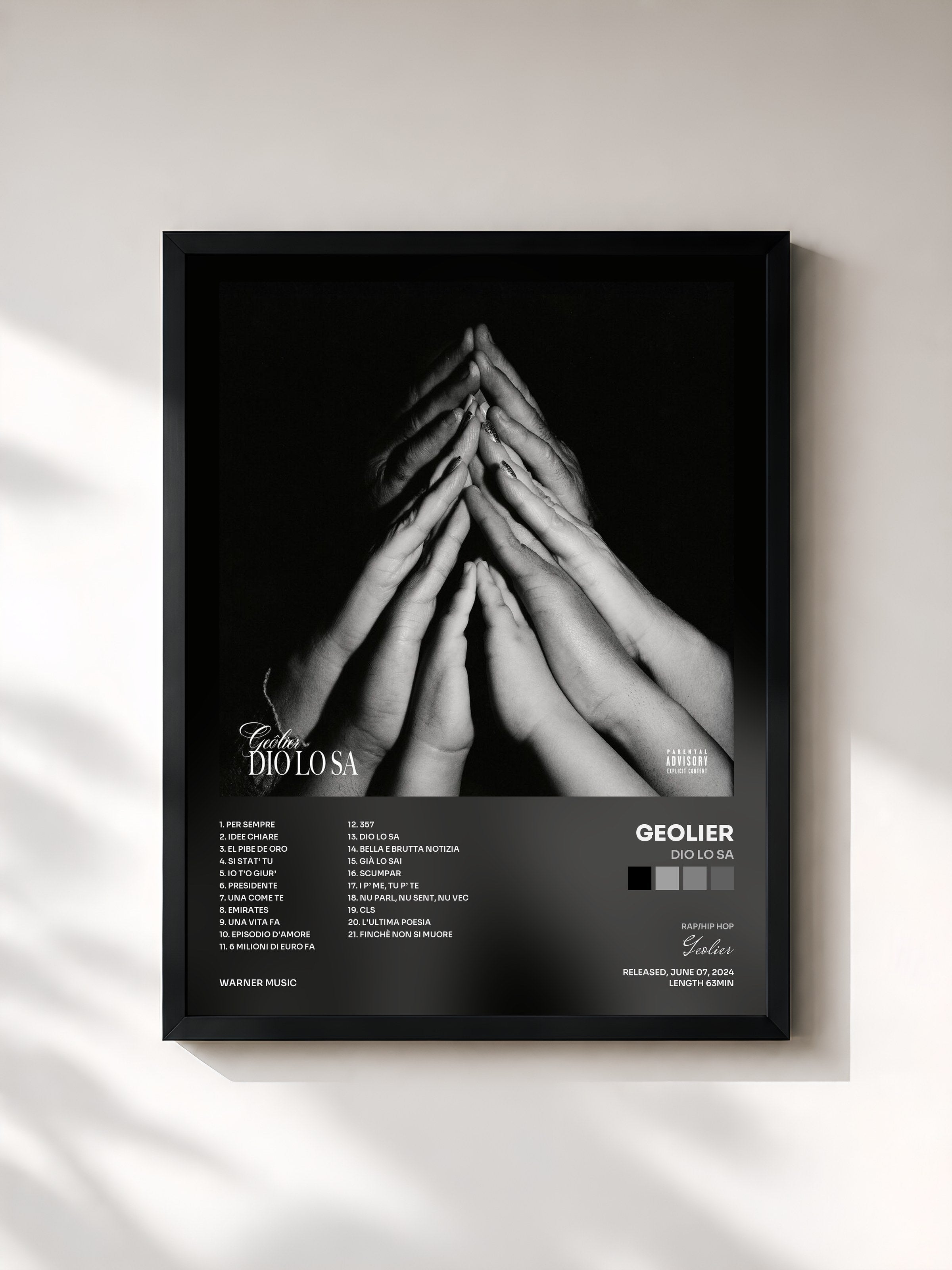 #noir Tableau de l'album DIO LO SA de Geolier, cadre noir, imprimé et encadré en France
