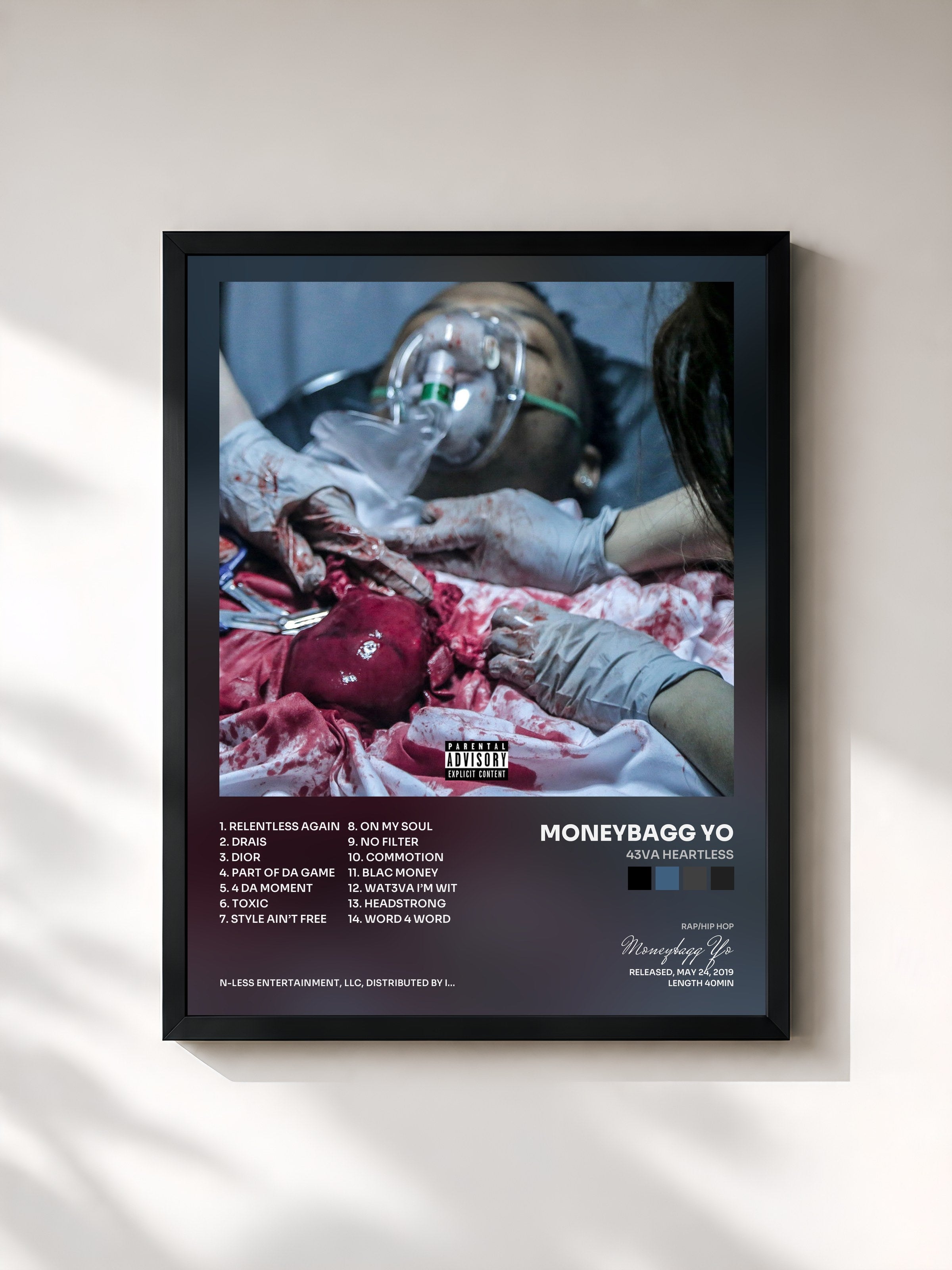 #noir Tableau de l'album 43VA HEARTLESS de Moneybagg Yo, cadre noir, imprimé et encadré en France
