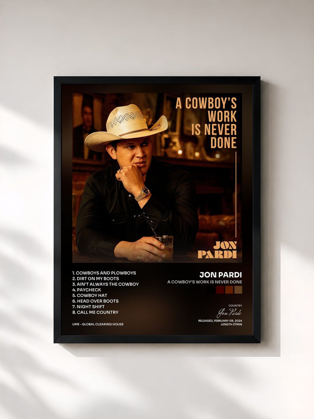 #noir Tableau de l'album A Cowboy's Work Is Never Done de Jon Pardi, cadre noir, imprimé et encadré en France