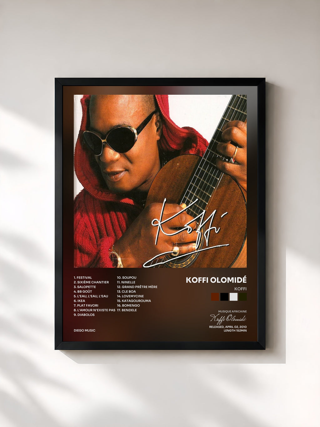 #noir Tableau de l'album Koffi de Koffi Olomidé, cadre noir, imprimé et encadré en France
