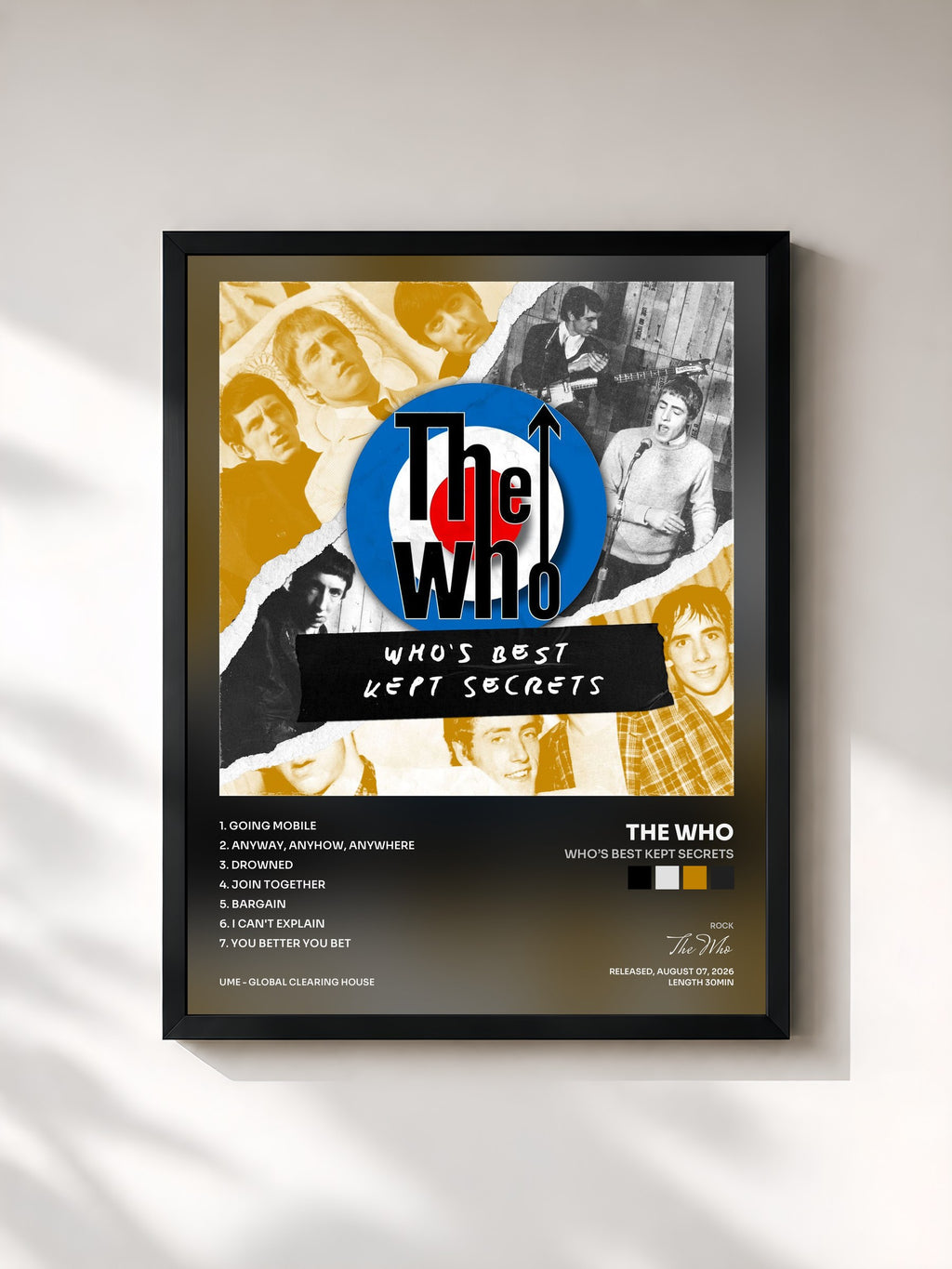 #noir Tableau de l'album Who’s Best Kept Secrets de The Who, cadre noir, imprimé et encadré en France