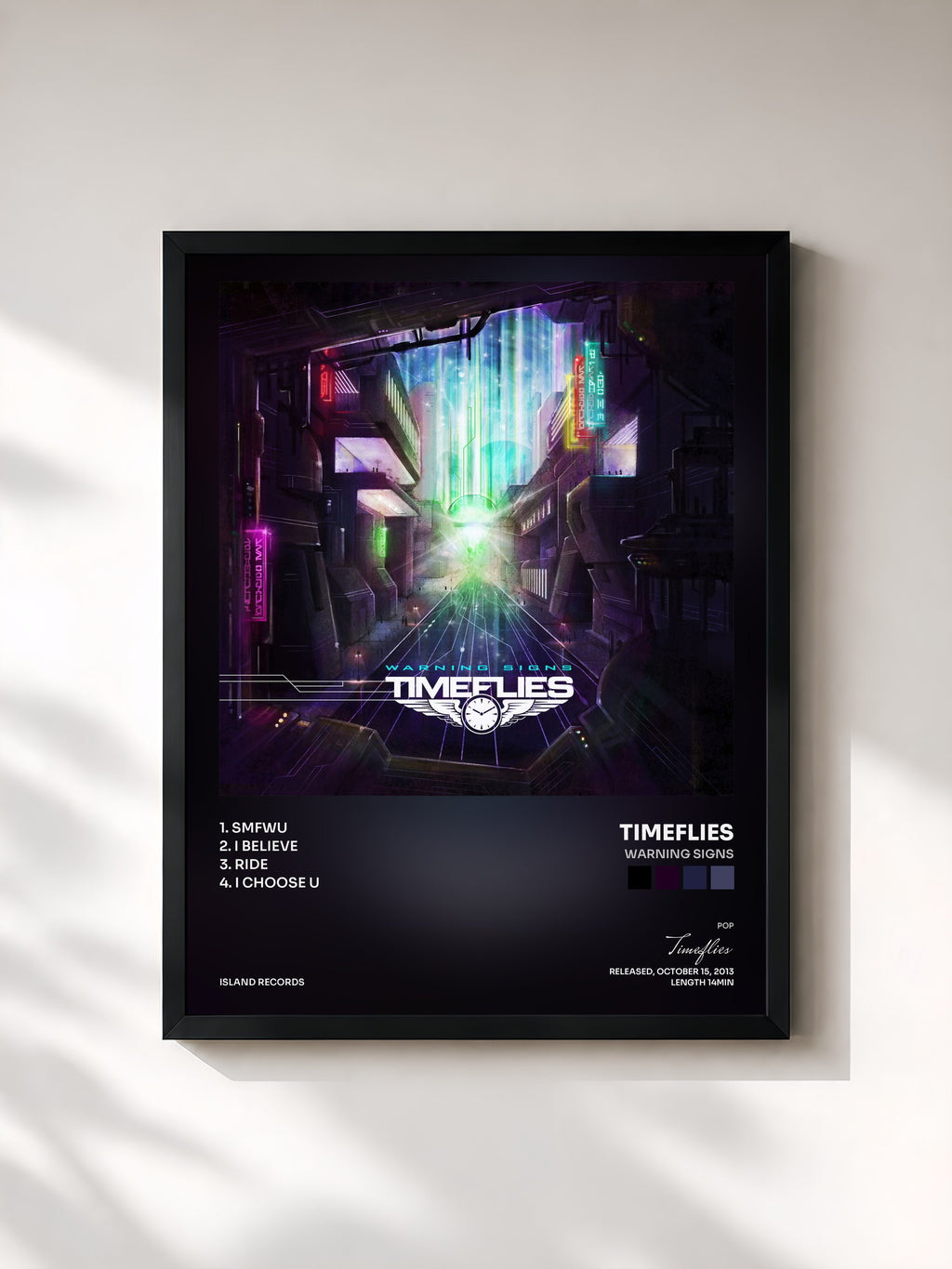 #noir Tableau de l'album Warning Signs de Timeflies, cadre noir, imprimé et encadré en France