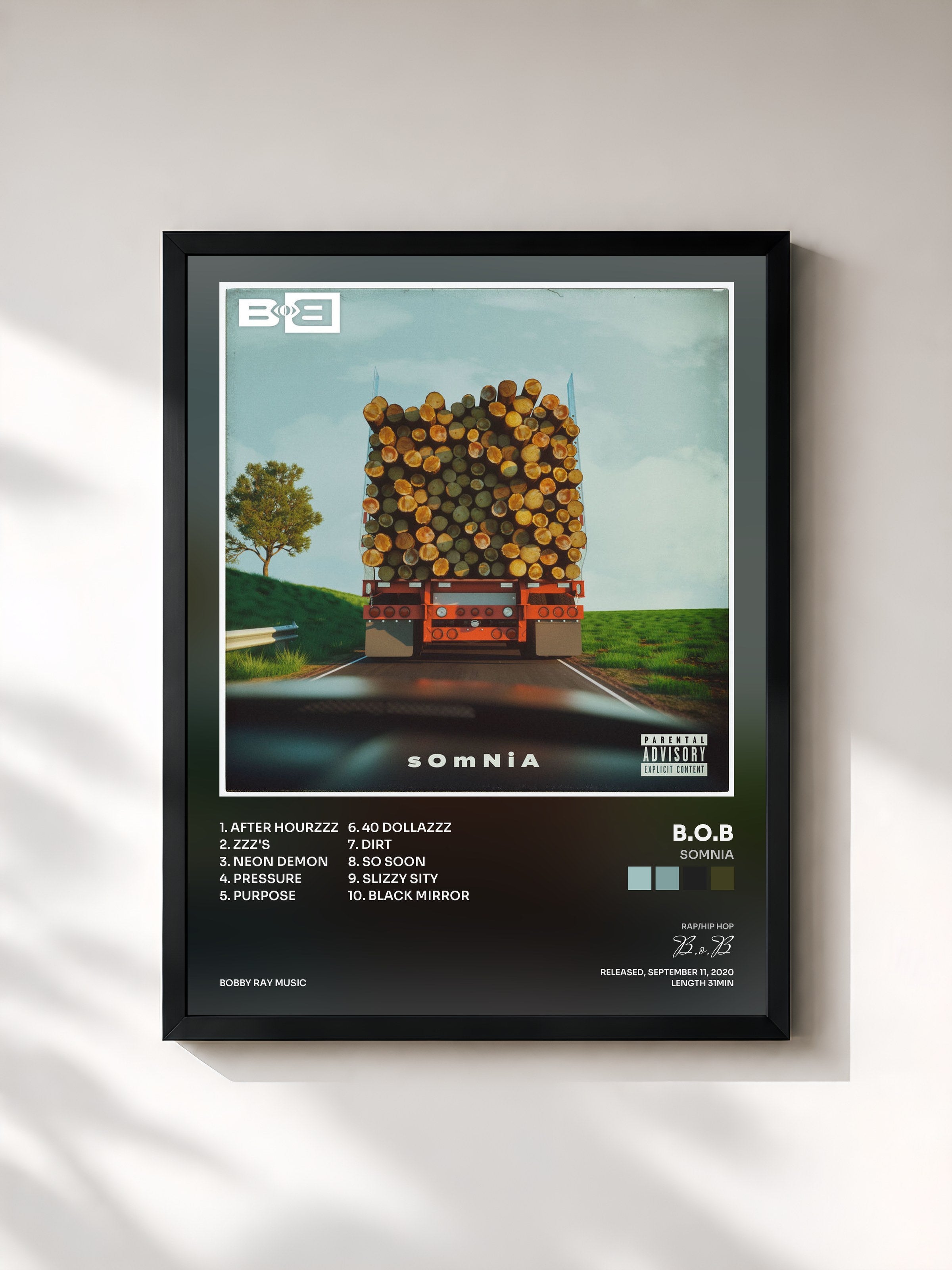 #noir Tableau de l'album Somnia de B.o.B, cadre noir, imprimé et encadré en France