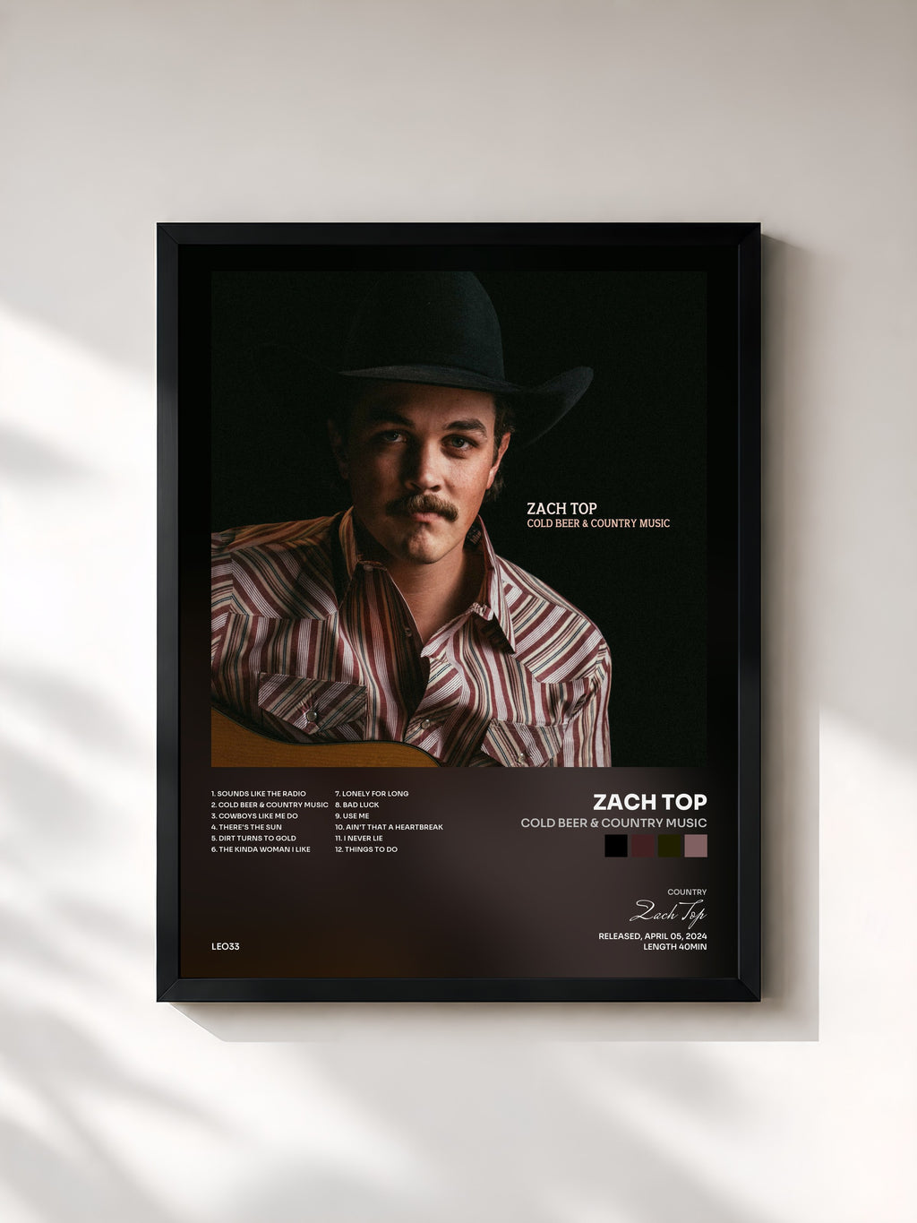 #noir Tableau de l'album Cold Beer & Country Music de Zach Top, cadre noir, imprimé et encadré en France