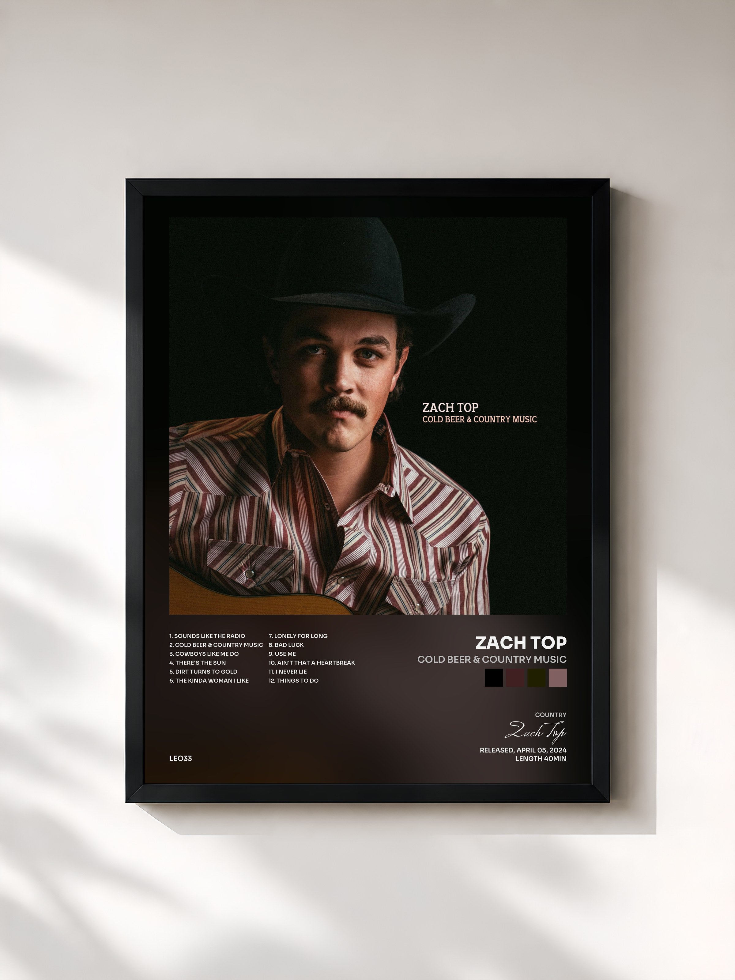 #noir Tableau de l'album Cold Beer & Country Music de Zach Top, cadre noir, imprimé et encadré en France