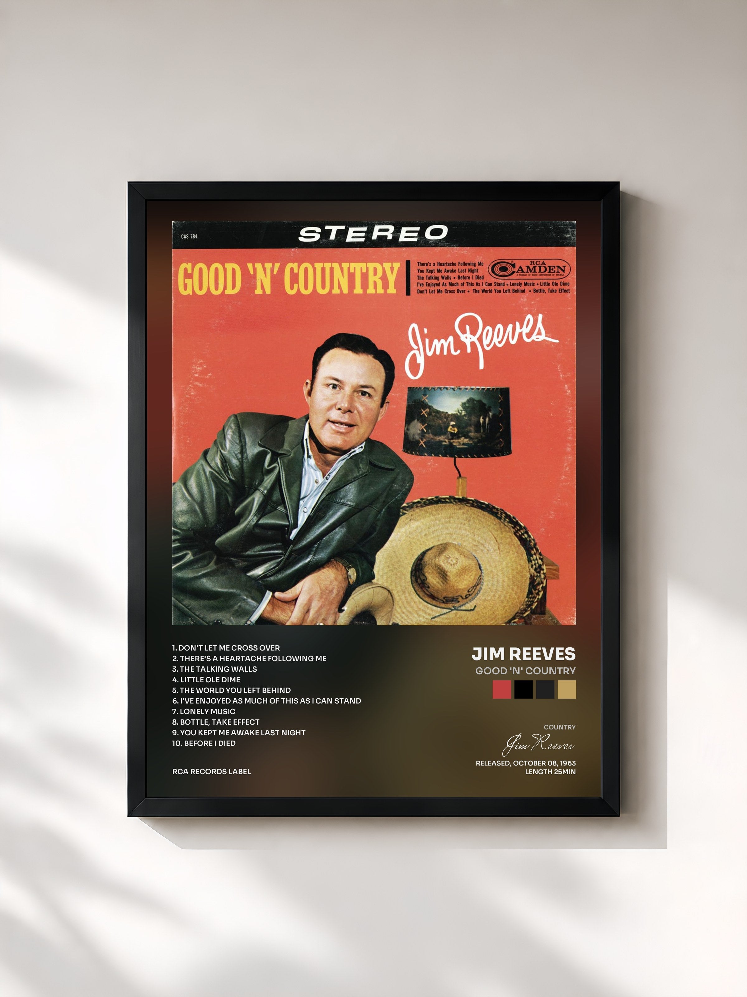 #noir Tableau de l'album Good 'N' Country de Jim Reeves, cadre noir, imprimé et encadré en France