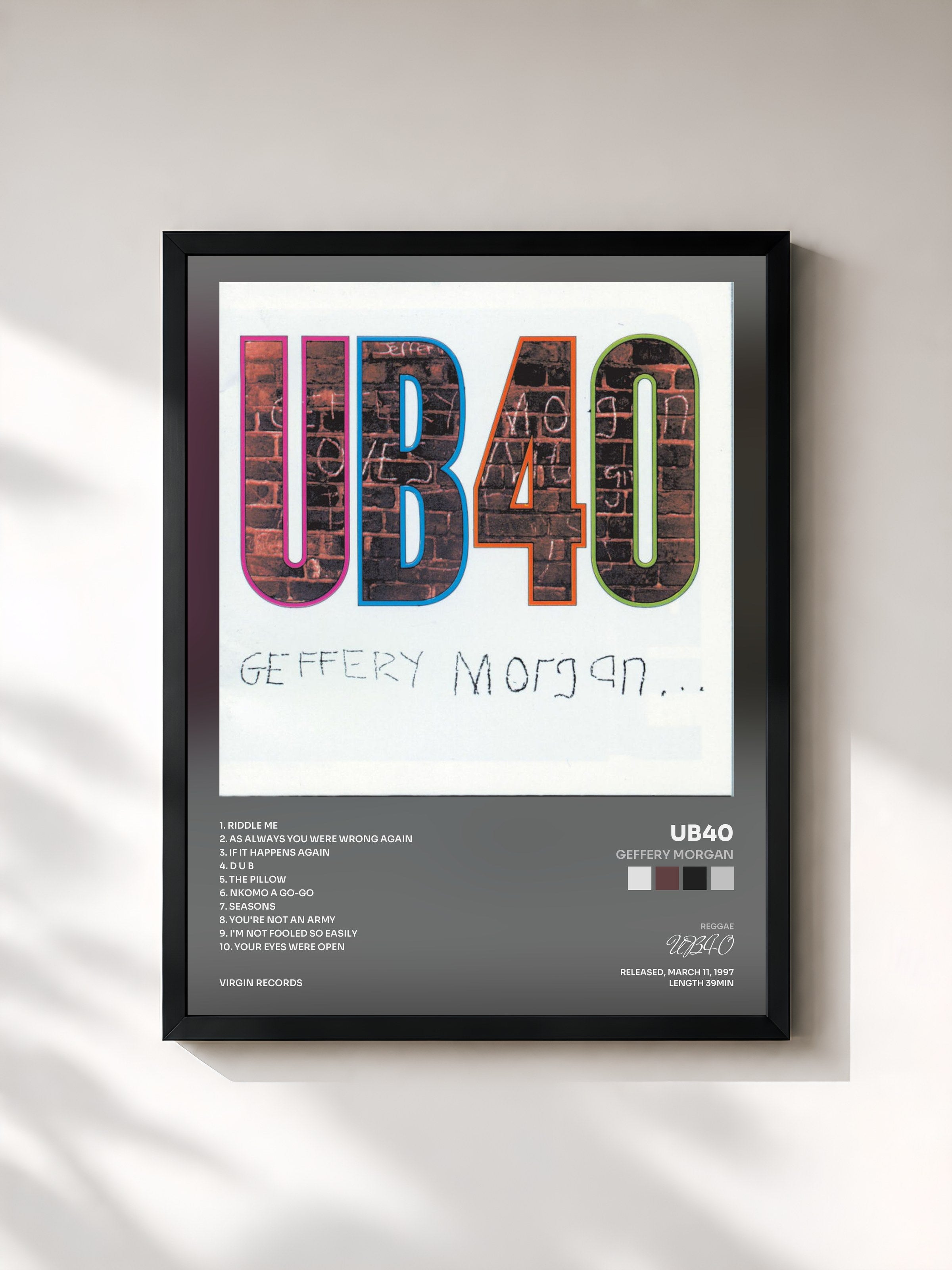 #noir Tableau de l'album Geffery Morgan de UB40, cadre noir, imprimé et encadré en France