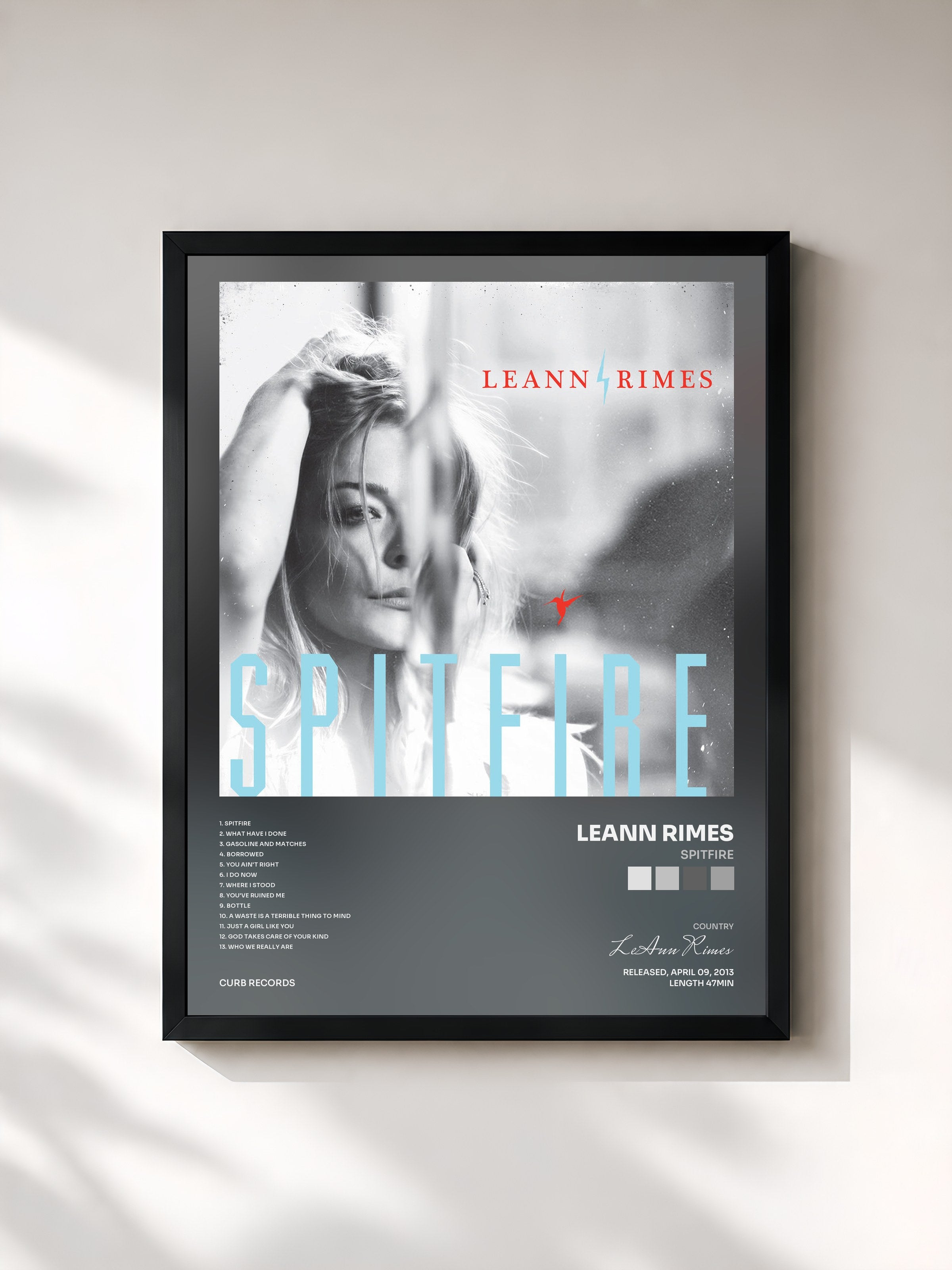 #noir Tableau de l'album Spitfire de LeAnn Rimes, cadre noir, imprimé et encadré en France