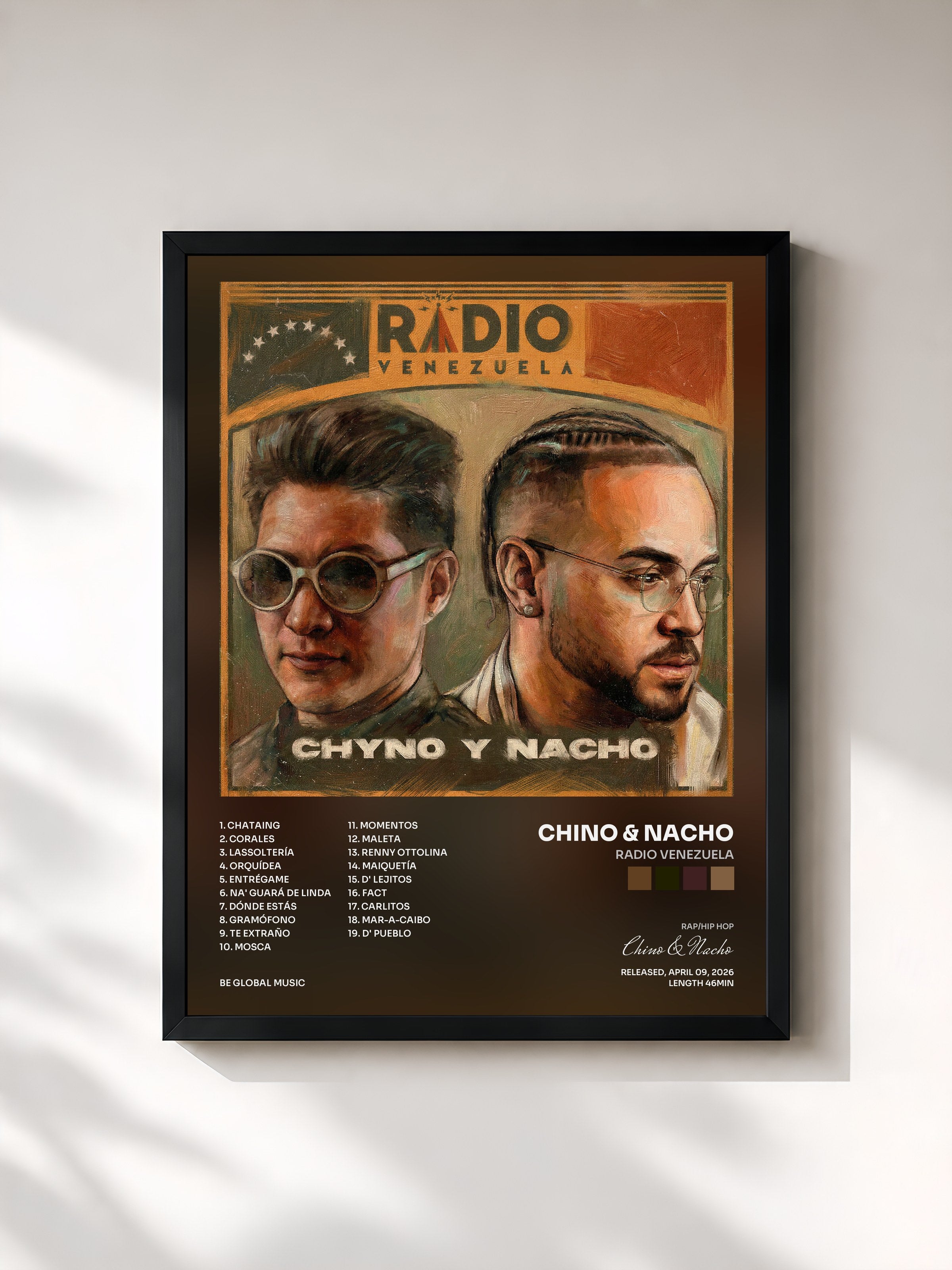 #noir Tableau de l'album RADIO VENEZUELA de Chino & Nacho, cadre noir, imprimé et encadré en France