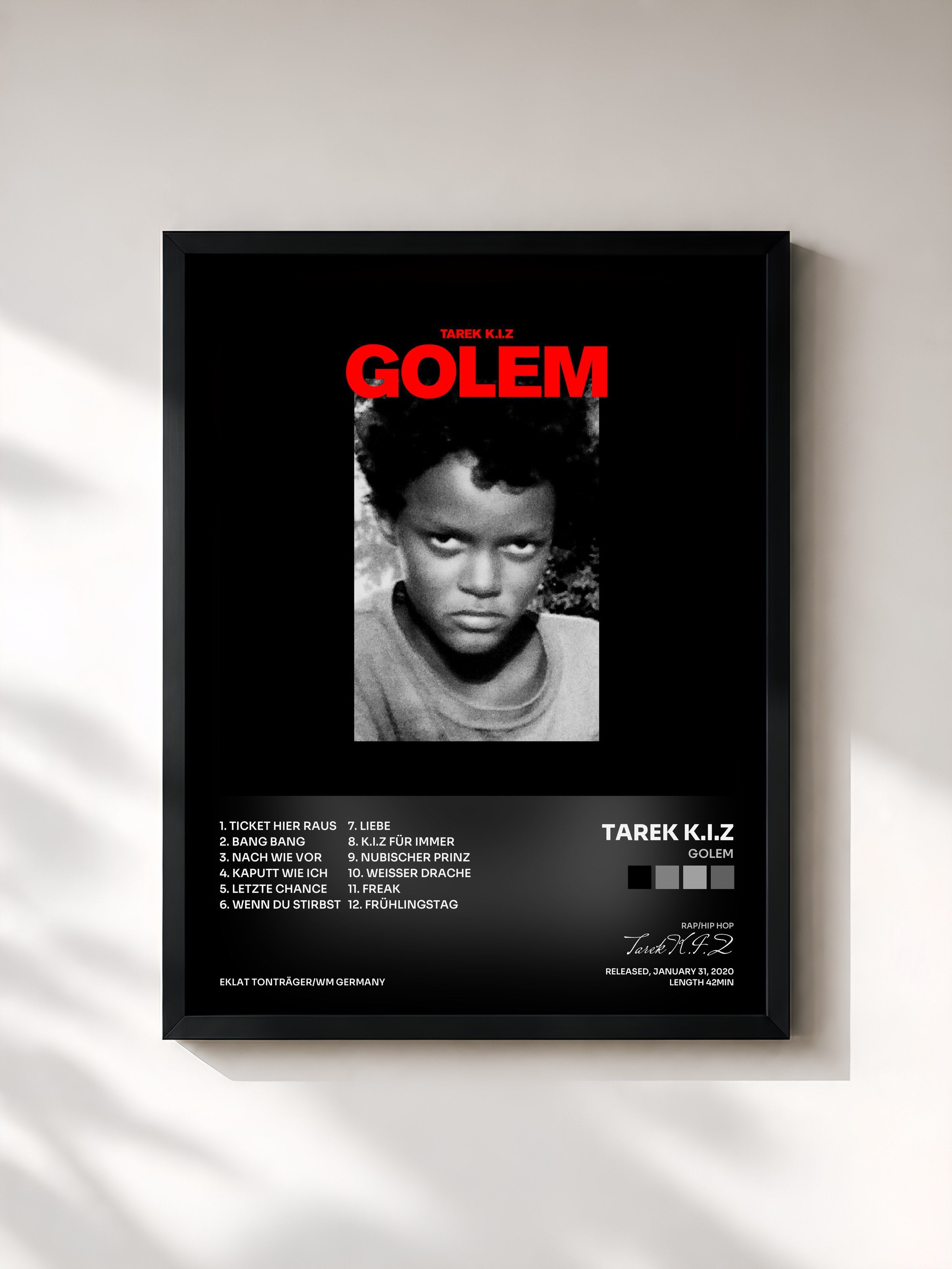 #noir Tableau de l'album Golem de Tarek K.I.Z, cadre noir, imprimé et encadré en France