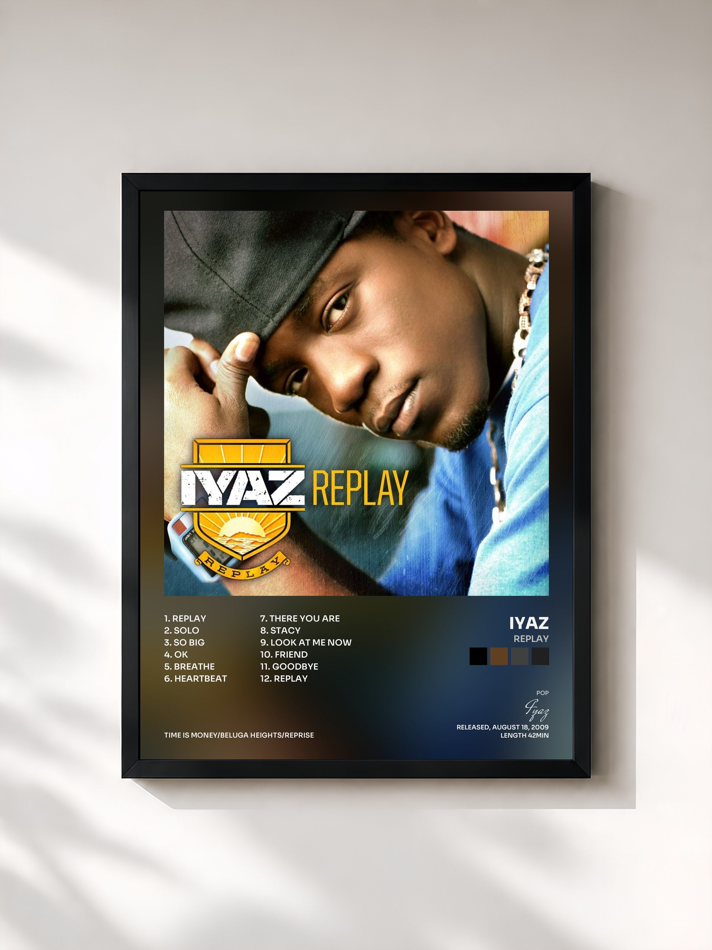 #noir Tableau de l'album Replay de Iyaz, cadre noir, imprimé et encadré en France