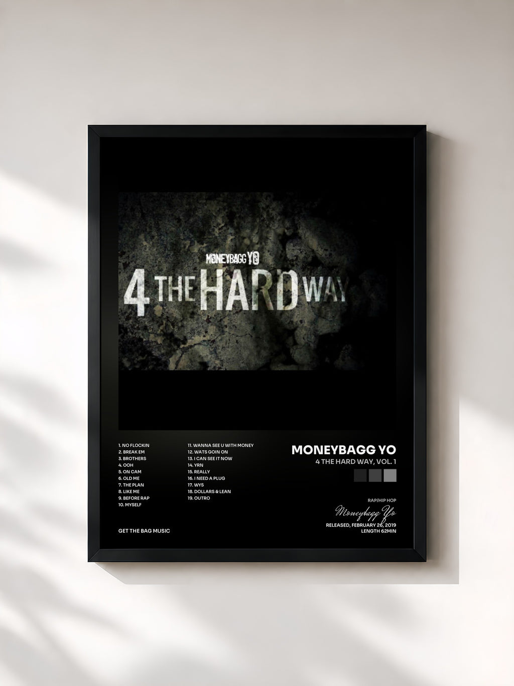 #noir Tableau de l'album 4 The Hard Way, Vol. 1 de Moneybagg Yo, cadre noir, imprimé et encadré en France