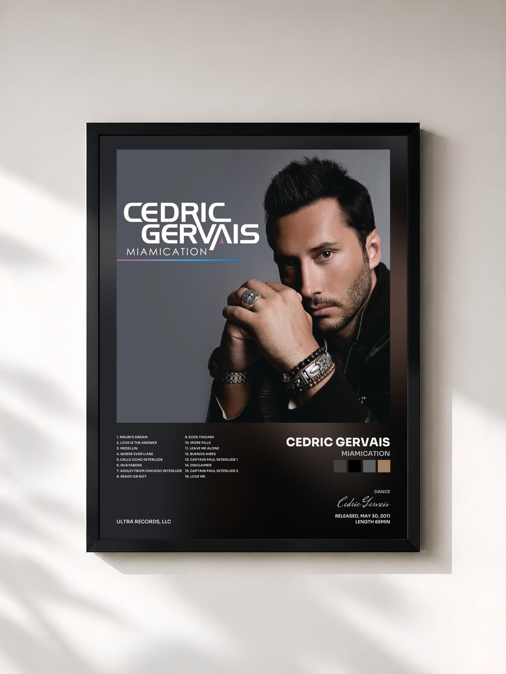 #noir Tableau de l'album Miamication de Cedric Gervais, cadre noir, imprimé et encadré en France